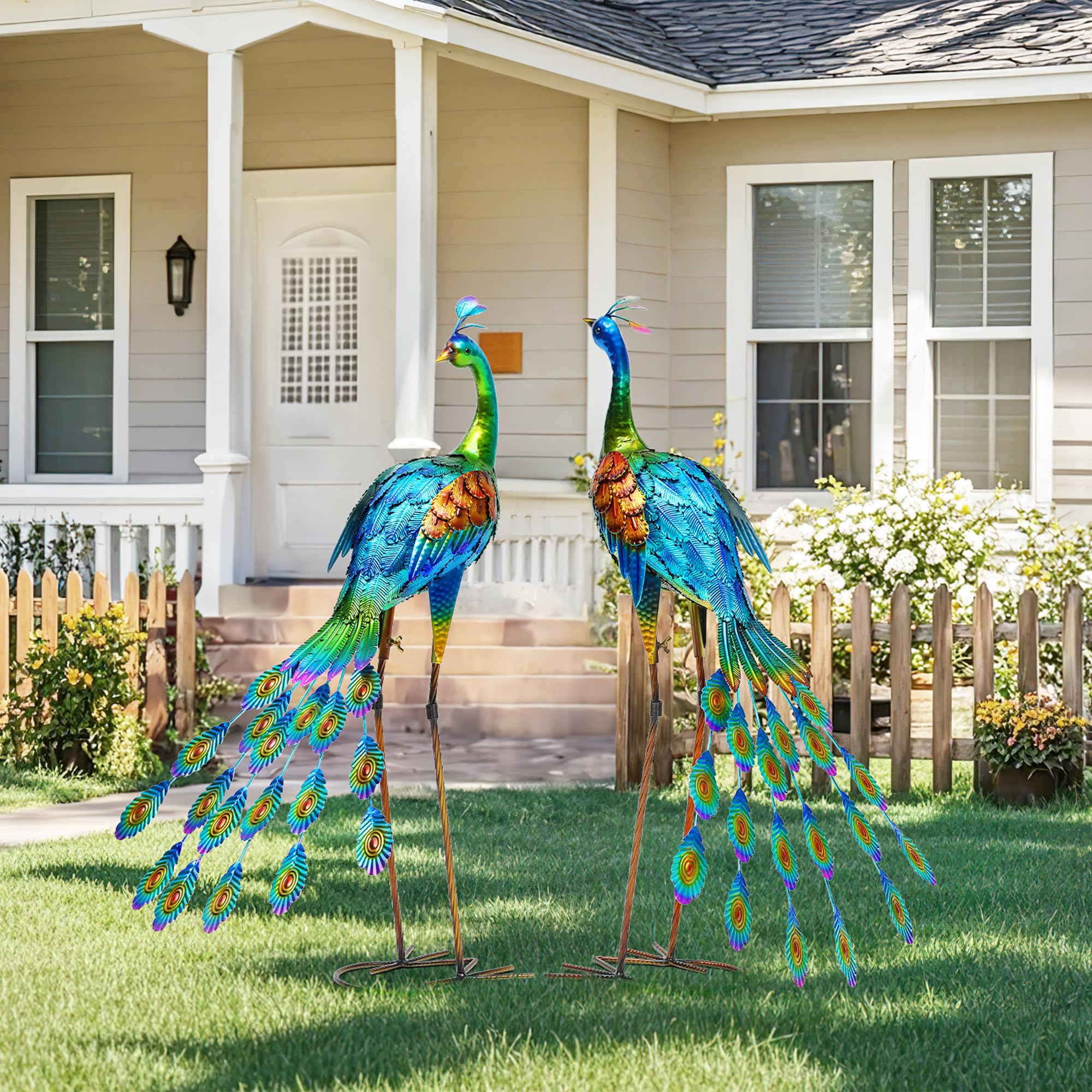 45.3" Tall Extra Large Metal Crane Decor, Handcrafted Distressed Bronze Heron Sculpture with 4-Piece Secure Ground Stakes, Vintage Charm Outdoor Garden Statue Yard Art for Patio & Backyard Decor