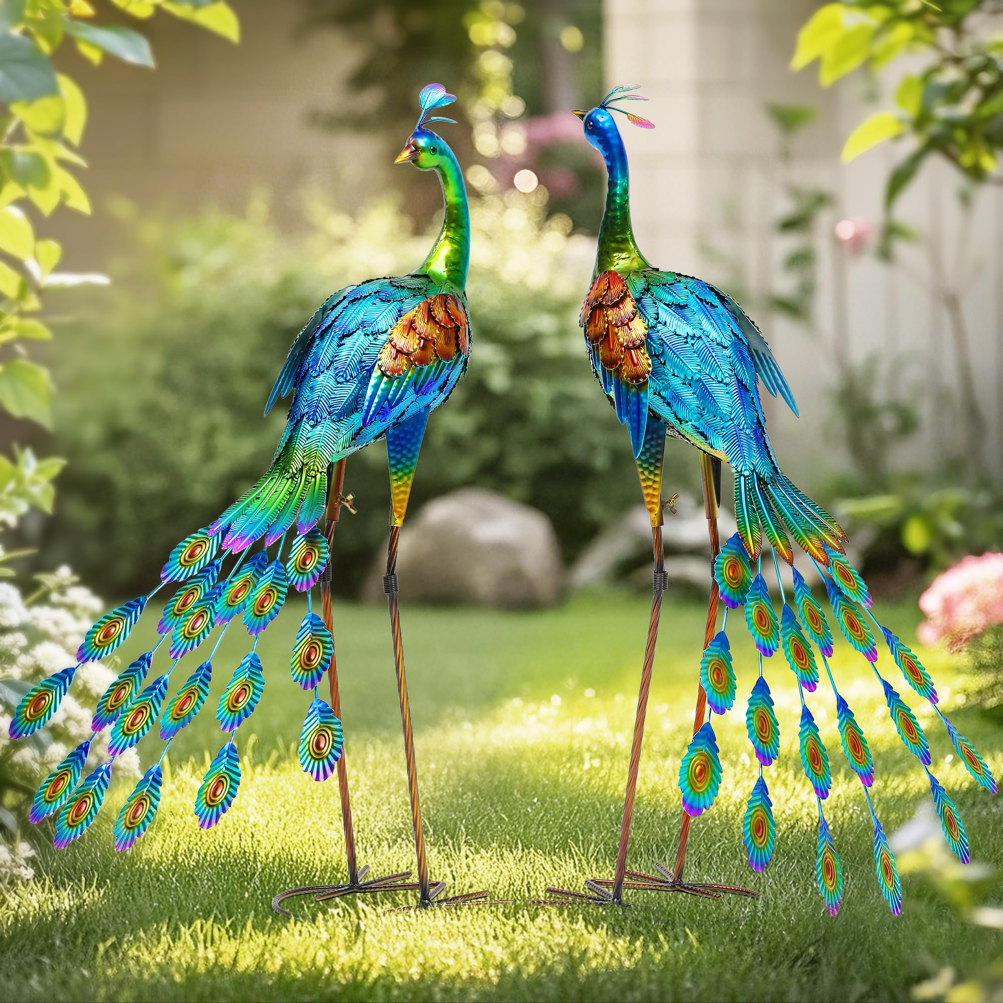 36.8" Extra-Large Blue Heron Decor, Handcrafted Metal Crane Statue with Stable U-Ground Stakes, Backyard Decoration, Metal Garden Bird Animal Yard Art, Lawn Ornament Decor
