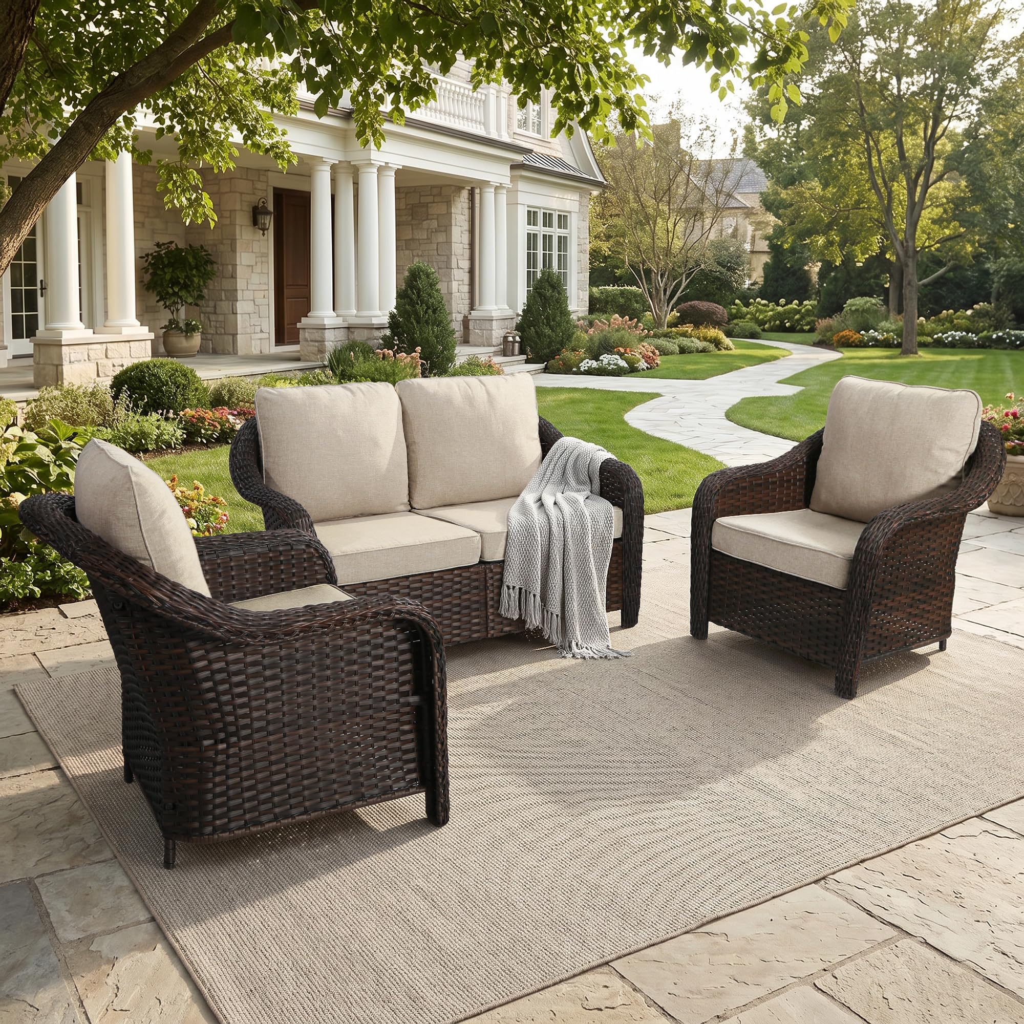 77 inch Outdoor Wicker 3 Seater Sofa, All-Weather Use Patio Rattan Sofa with Seat and Back Cushion, Ideal for Porch, Backyard, Balcony, Poolside, Beige
