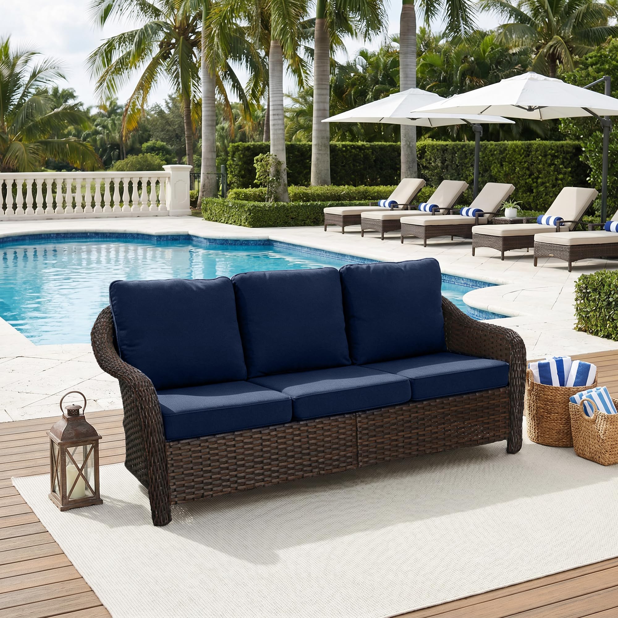77 inch Outdoor Wicker 3 Seater Sofa, All-Weather Use Patio Rattan Sofa with Seat and Back Cushion, Ideal for Porch, Backyard, Balcony, Poolside, Beige