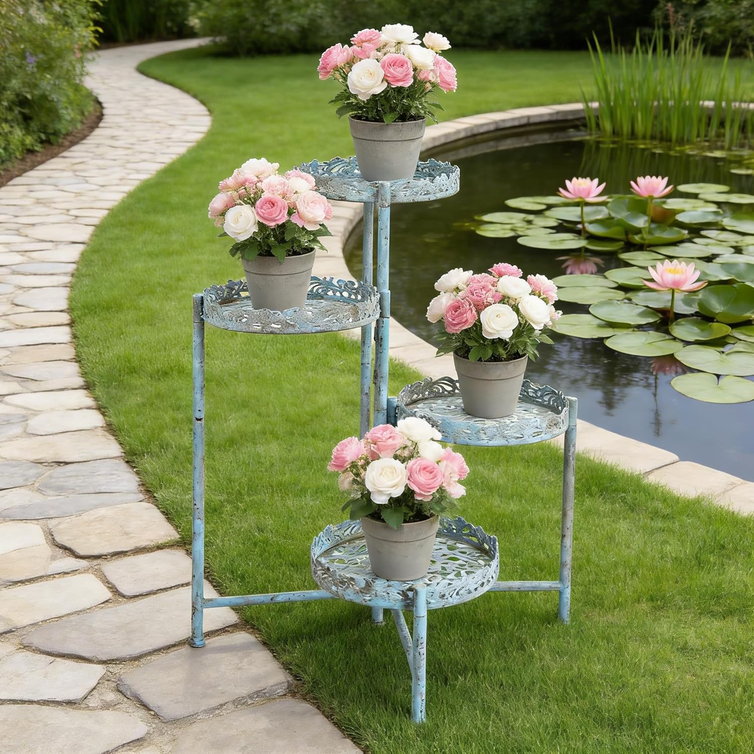 4 Tier Vintage Corner Plant Stand for Indoor Outdoor Distressed Metal Flower Pot Holder Shelves with Ornate Cutout Edges Multi-Level Planter Rack Display Corner Shelf Antique Foldable Tall Plant Shelf for Patio Porch Garden Balcony Living Room (Blue)