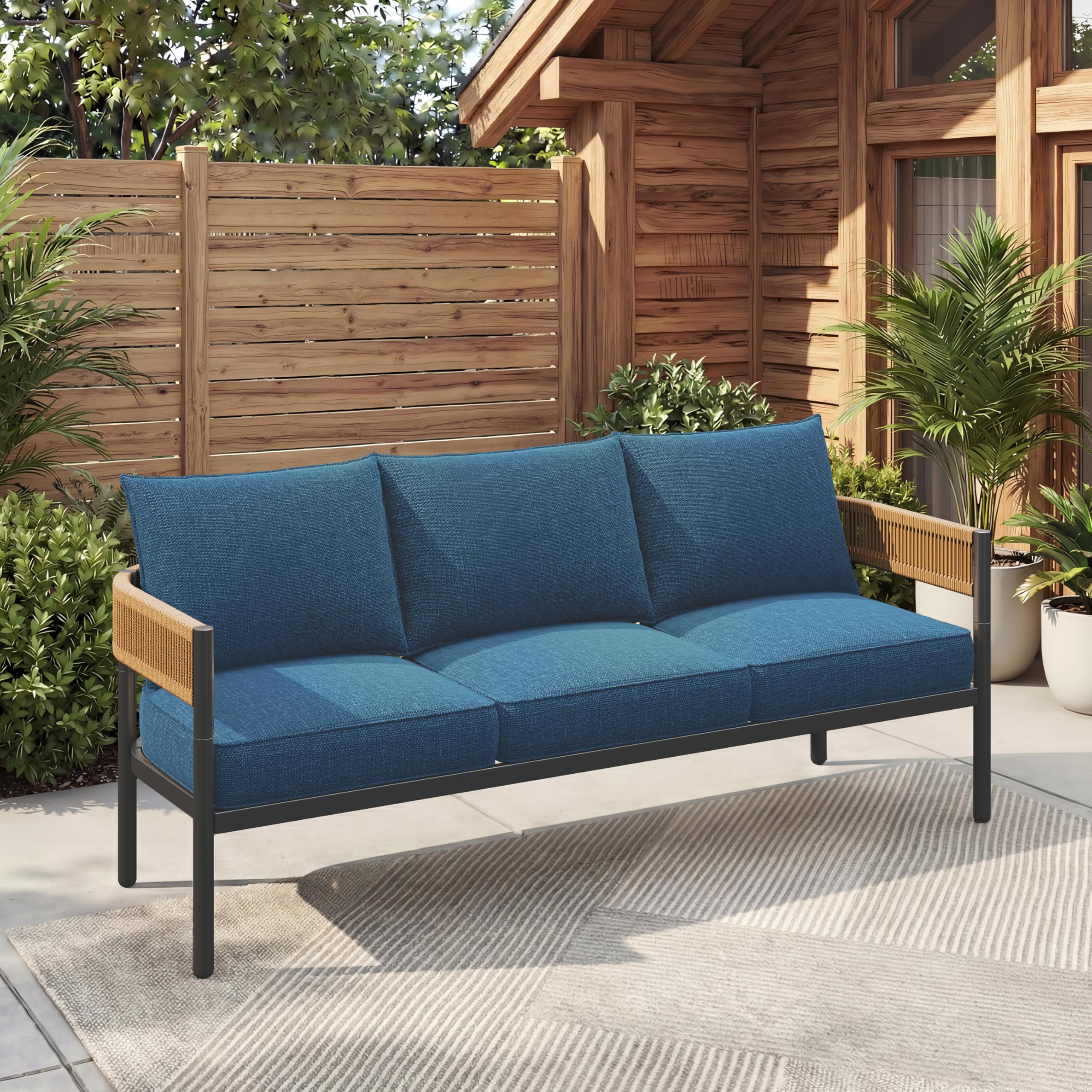 Gand Patio Outdoor 3-Seat Couch Sofa, Wicker Conversation Set with Thick Cushion for Porch, Garden, Yard, Natural