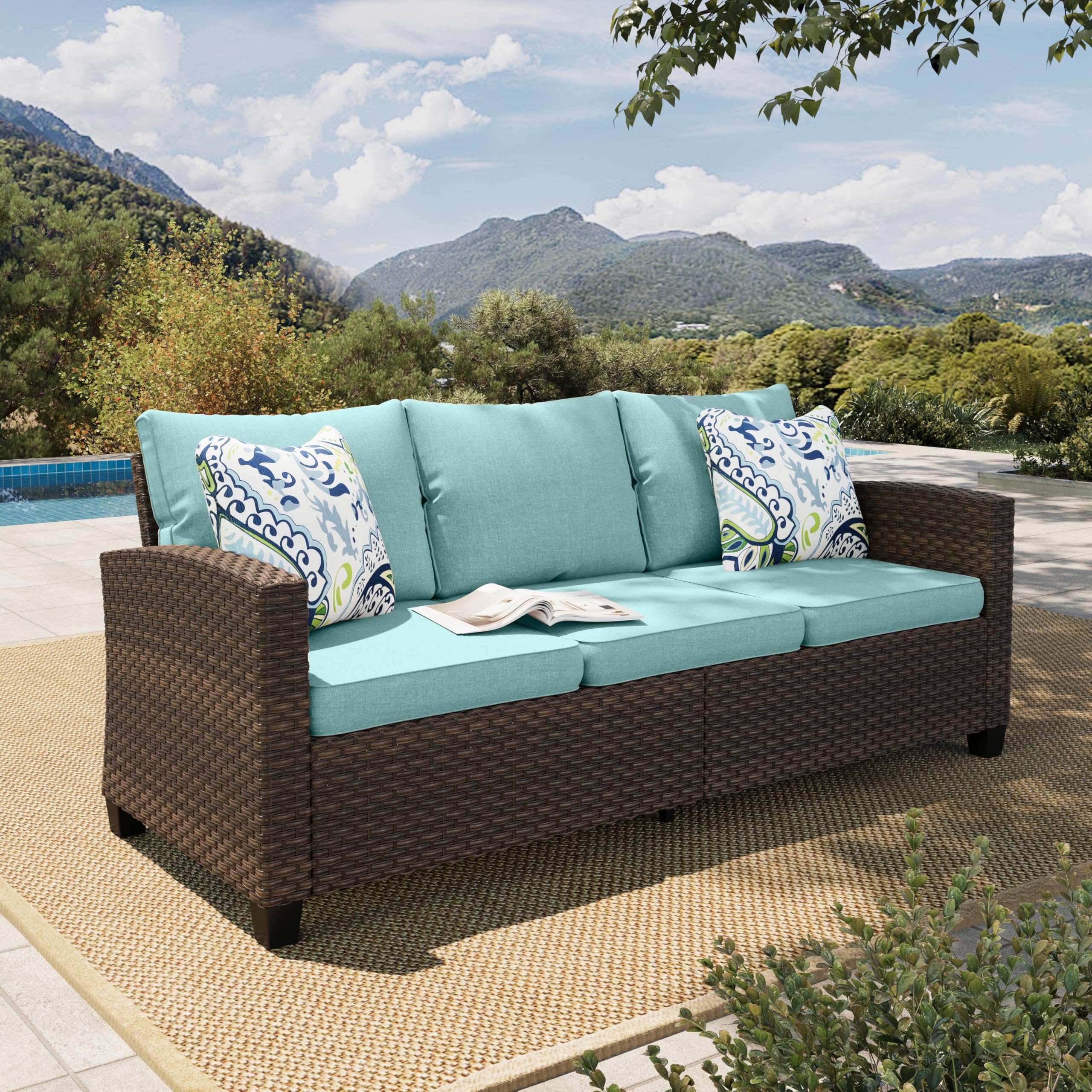 HERA'S HOUSE Outdoor Patio Sofa, 3-Seat Wicker Couch with Waterproof Thick Cushions, Deep Seating Furniture for Garden Porch Backyard, Beige