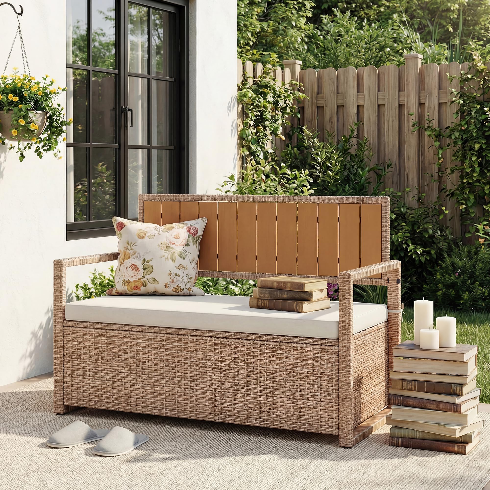 IDEALHOUSE PE Rattan Storage Bench with Cushion, Waterproof Patio Seat for Outdoor Use