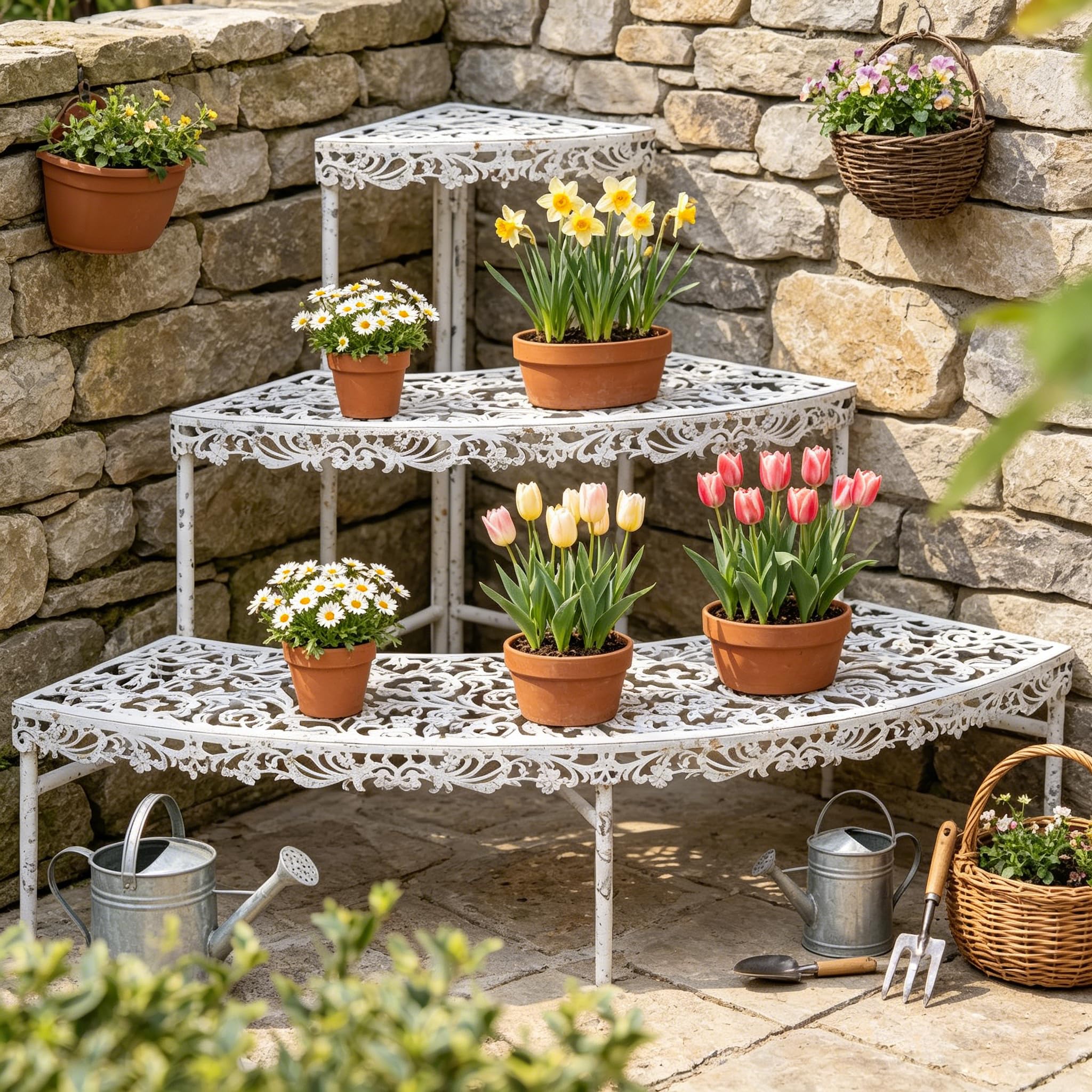 4 Tier Vintage Corner Plant Stand for Indoor Outdoor Distressed Metal Flower Pot Holder Shelves with Ornate Cutout Edges Multi-Level Planter Rack Display Corner Shelf Antique Foldable Tall Plant Shelf for Patio Porch Garden Balcony Living Room (Blue)