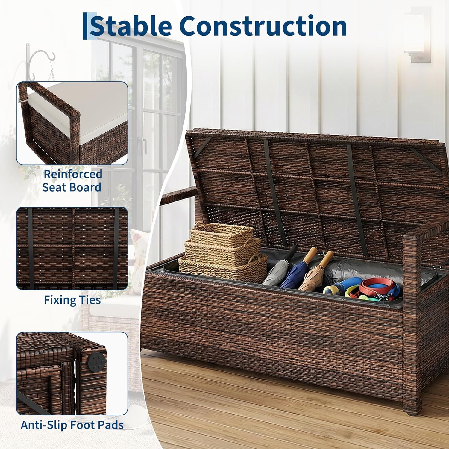 Outdoor Storage Bench with Cushion, 2-Seater PE Rattan Storage Box with Backrest & Armrests, 75 Gallon, 400 lbs Capacity Weatherproof Patio Bench for Garden, Balcony, Porch, Pool, Yard,Dark Brown