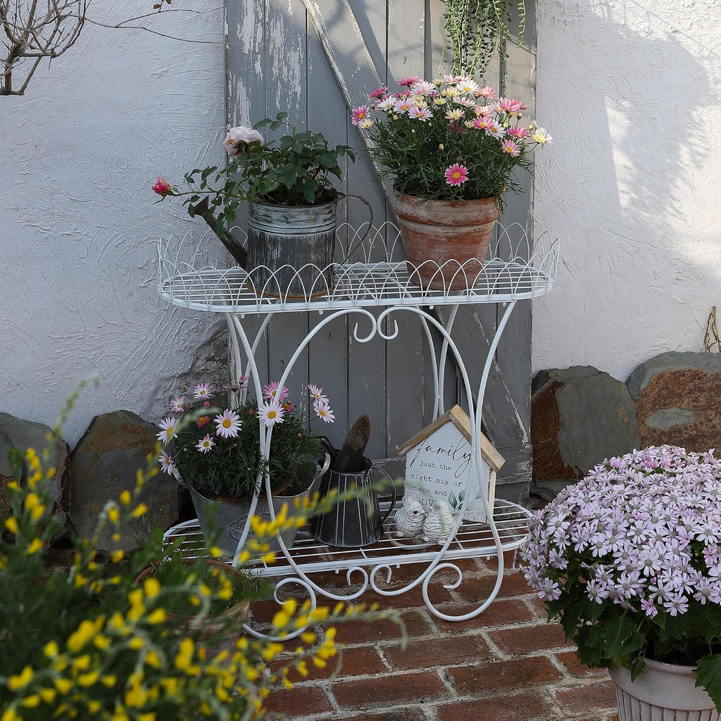 White Oval Plant Stand with Lattice Base, French Entryway Decor for Plants, Elegant Floor Flower Pot Holder Garden Decoration