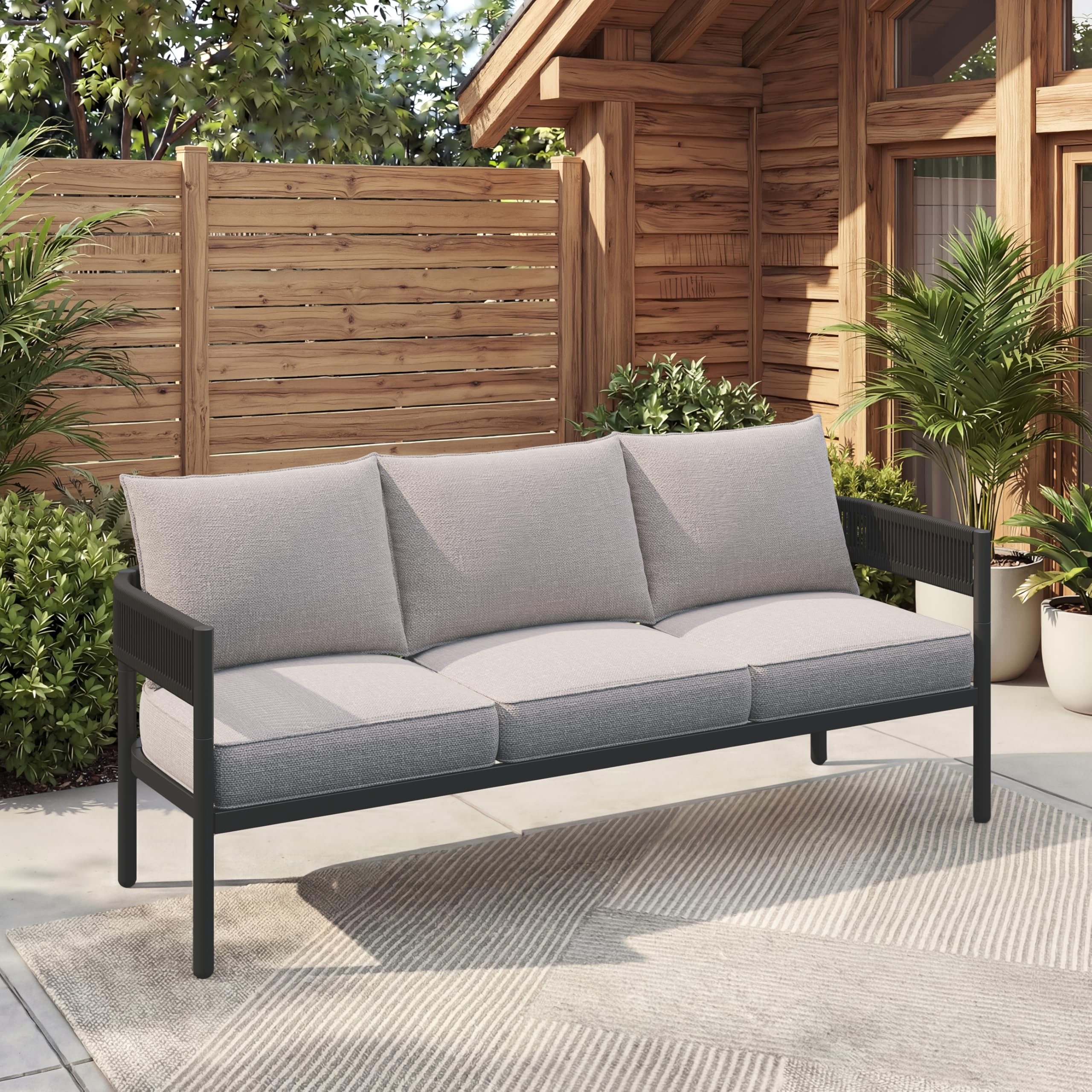 Gand Patio Outdoor 3-Seat Couch Sofa, Wicker Conversation Set with Thick Cushion for Porch, Garden, Yard, Natural