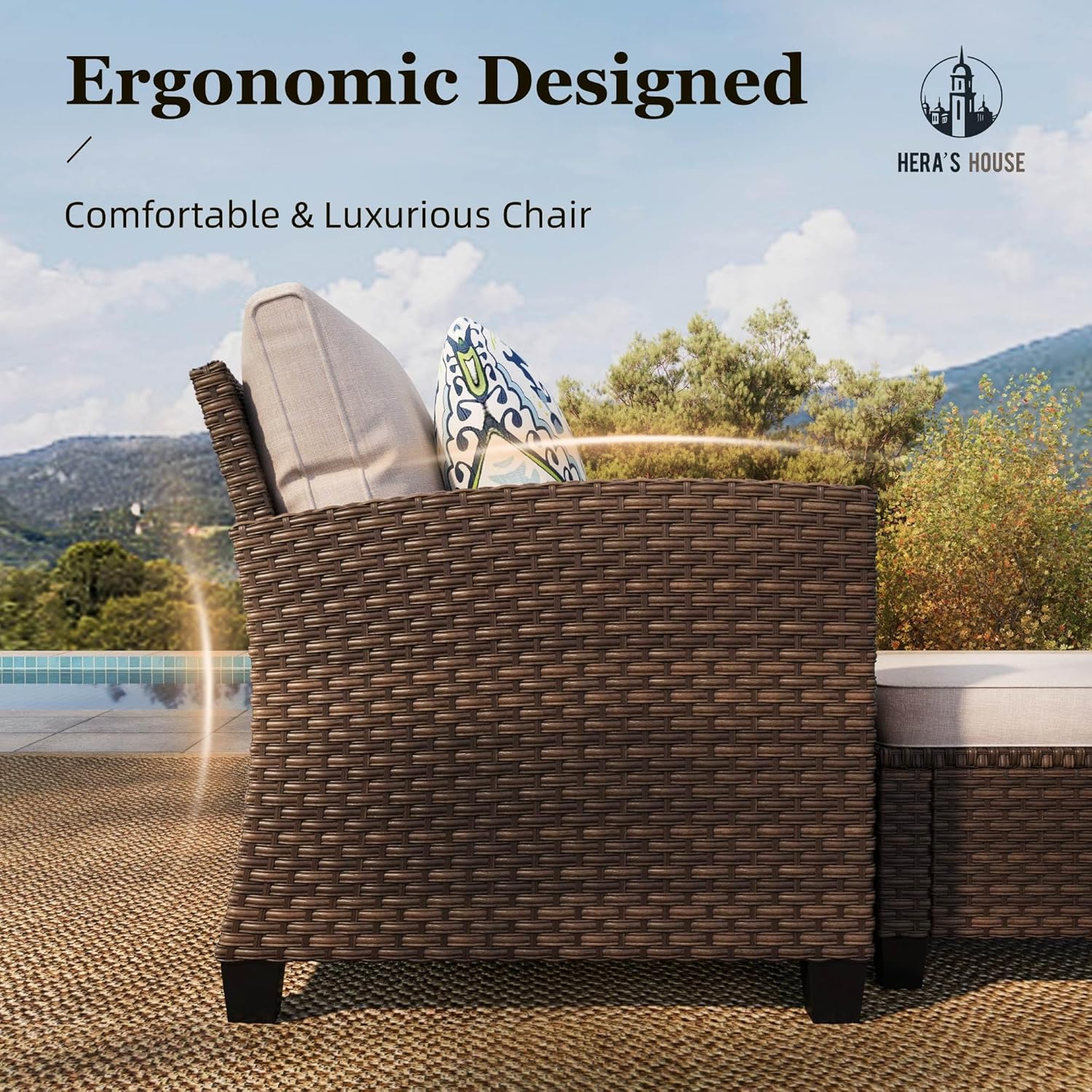 HERA'S HOUSE Outdoor Patio Sofa, 3-Seat Wicker Couch with Waterproof Thick Cushions, Deep Seating Furniture for Garden Porch Backyard, Beige