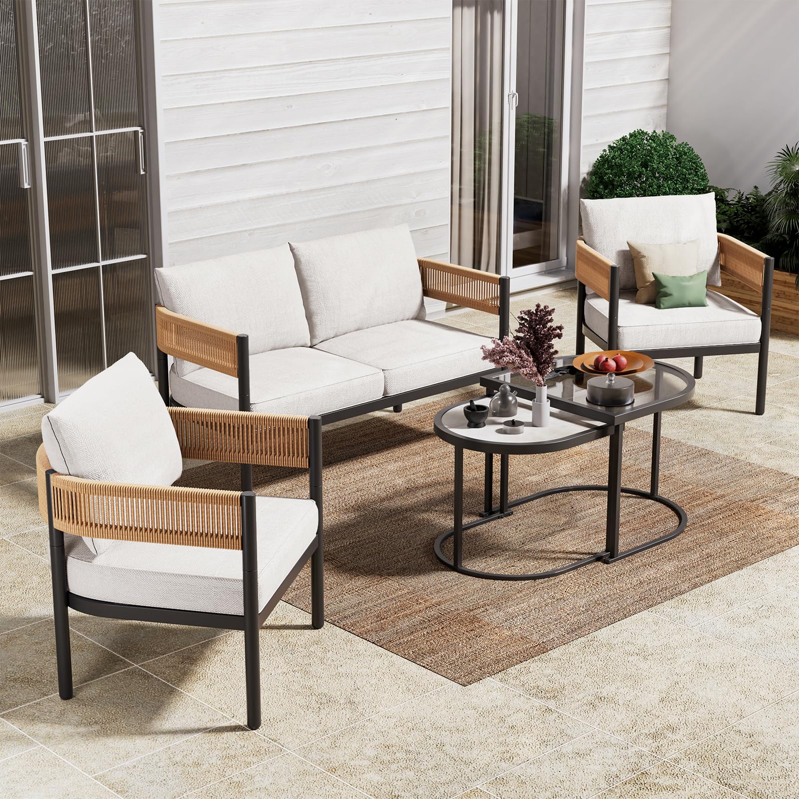 Gand Patio Outdoor 3-Seat Couch Sofa, Wicker Conversation Set with Thick Cushion for Porch, Garden, Yard, Natural