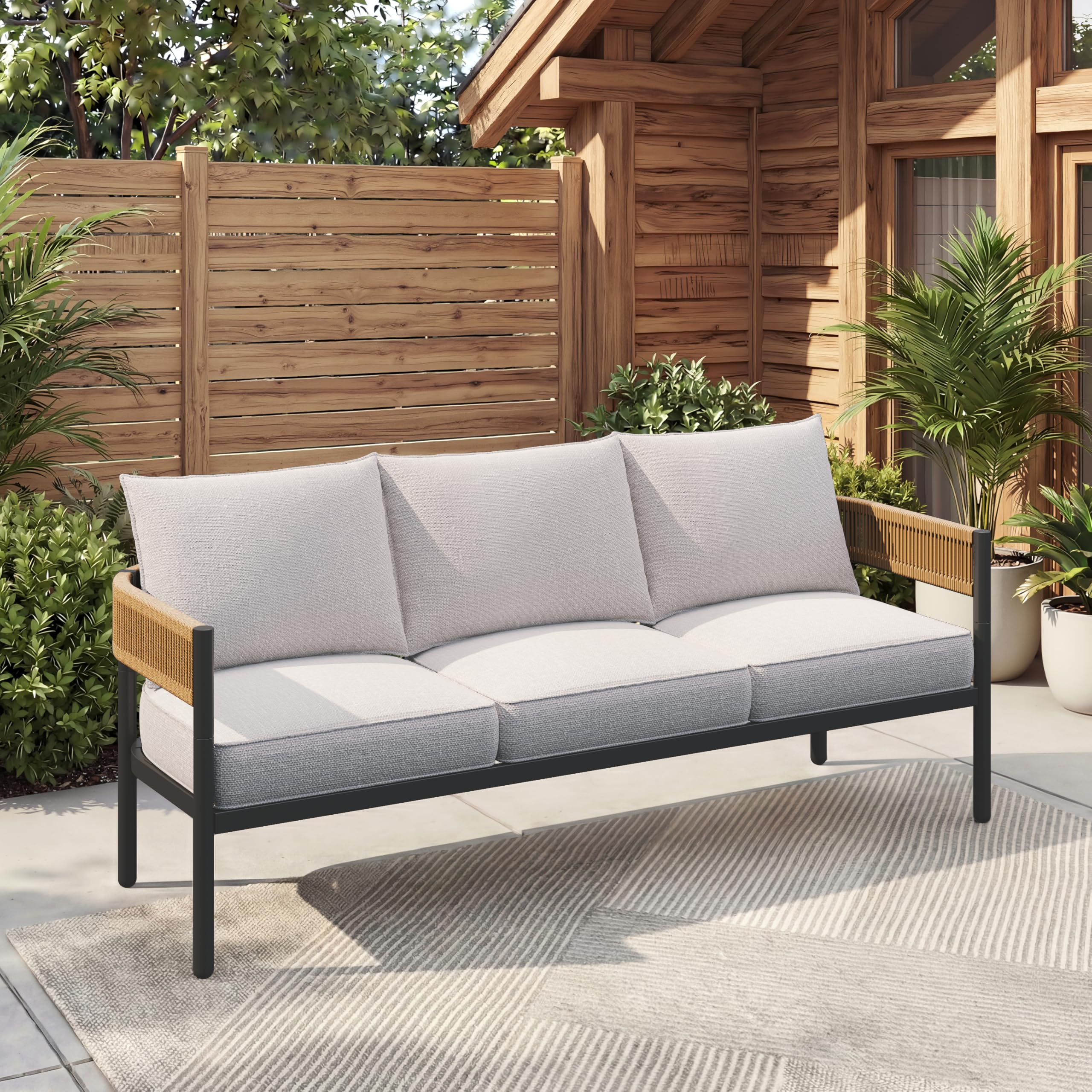 Gand Patio Outdoor 3-Seat Couch Sofa, Wicker Conversation Set with Thick Cushion for Porch, Garden, Yard, Natural