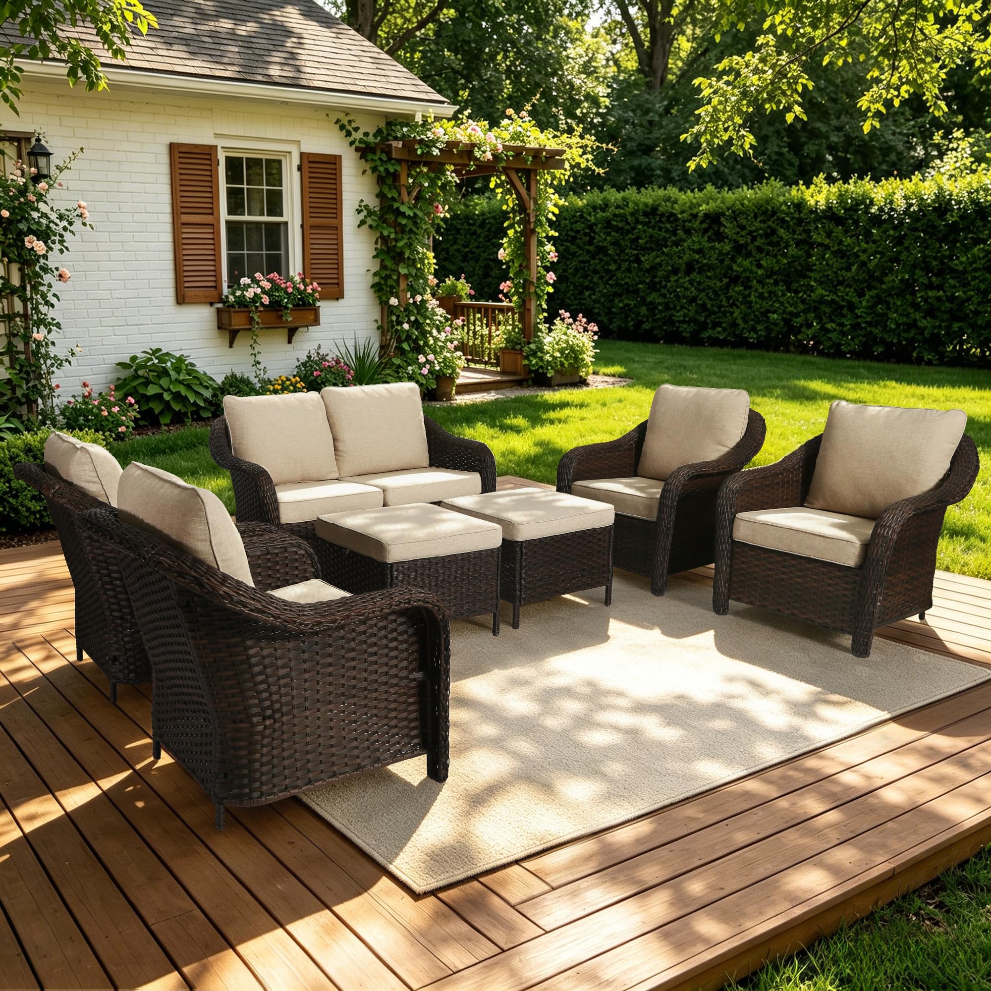 77 inch Outdoor Wicker 3 Seater Sofa, All-Weather Use Patio Rattan Sofa with Seat and Back Cushion, Ideal for Porch, Backyard, Balcony, Poolside, Beige