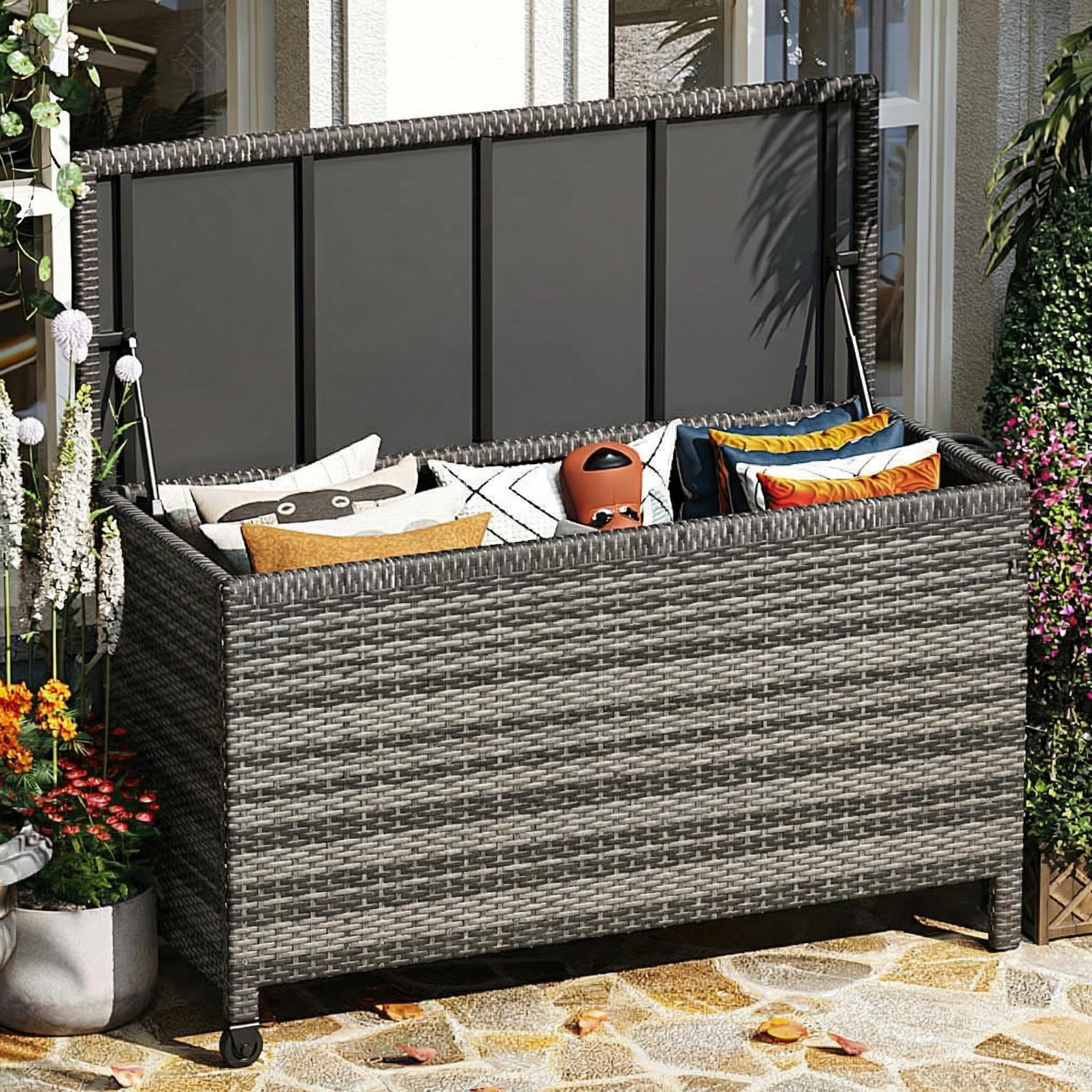 Outdoor Storage Bench with Cushion, 2-Seater PE Rattan Storage Box with Backrest & Armrests, 75 Gallon, 400 lbs Capacity Weatherproof Patio Bench for Garden, Balcony, Porch, Pool, Yard,Dark Brown