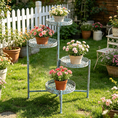 4-Tier Vintage Distressed Blue Metal Plant Stand, Foldable Corner Flower Pot Holder Shelf for Indoor Outdoor, Rustic Plant Rack for Patio Porch Garden Balcony Living Room