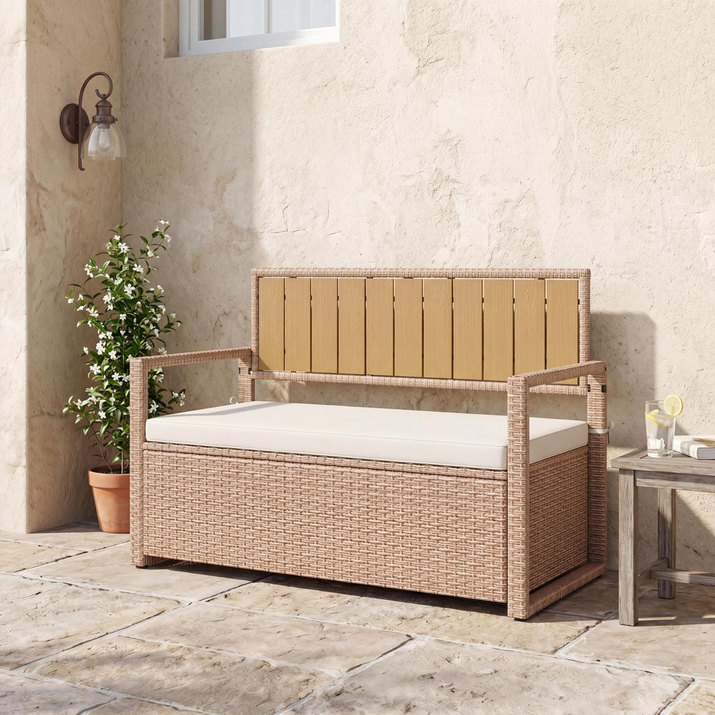 Outdoor Storage Bench with Cushion, 2-Seater PE Rattan Storage Box with Backrest & Armrests, 75 Gallon, 400 lbs Capacity Weatherproof Patio Bench for Garden, Balcony, Porch, Pool, Yard,Dark Brown