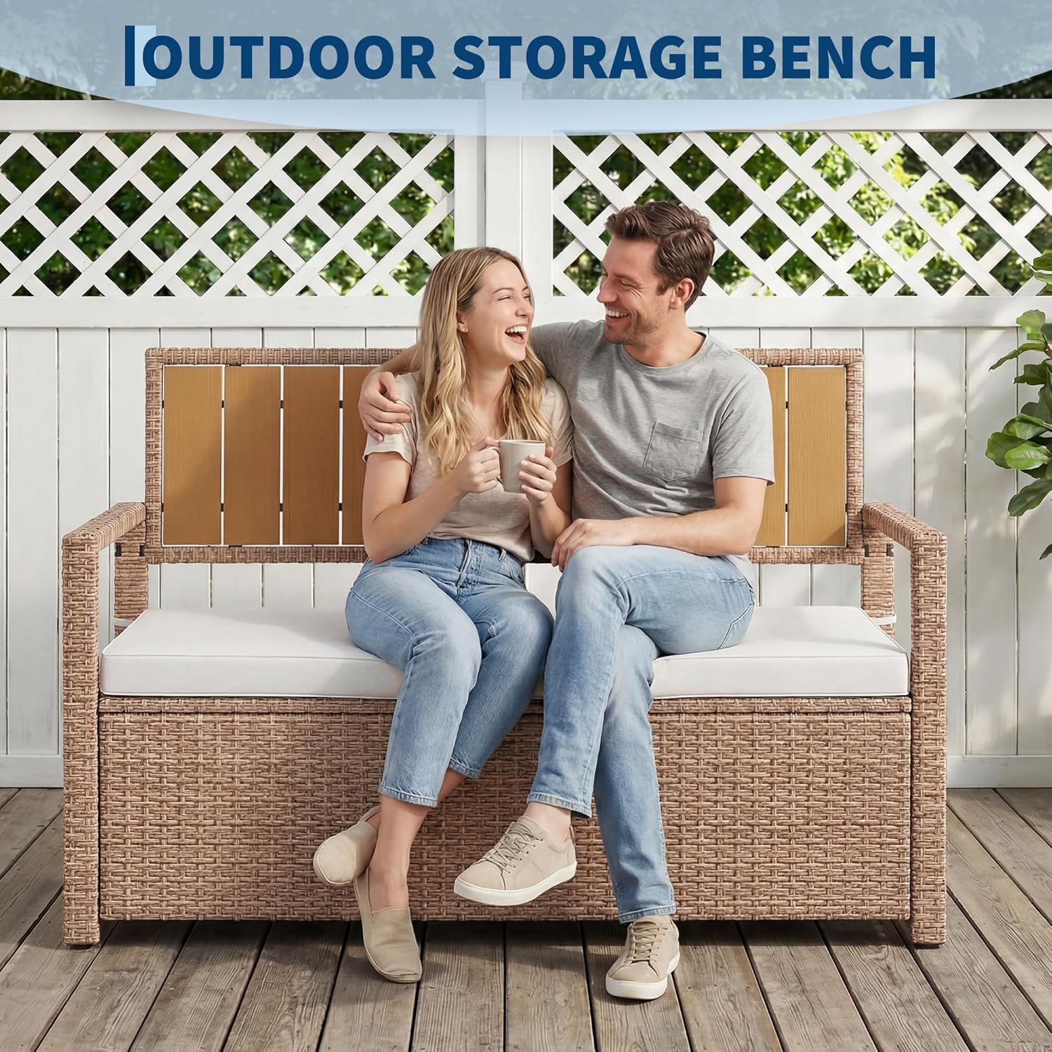 75 Gallon PE Rattan Outdoor Storage Bench, Weather Resistant Patio Deck Box with Cushion