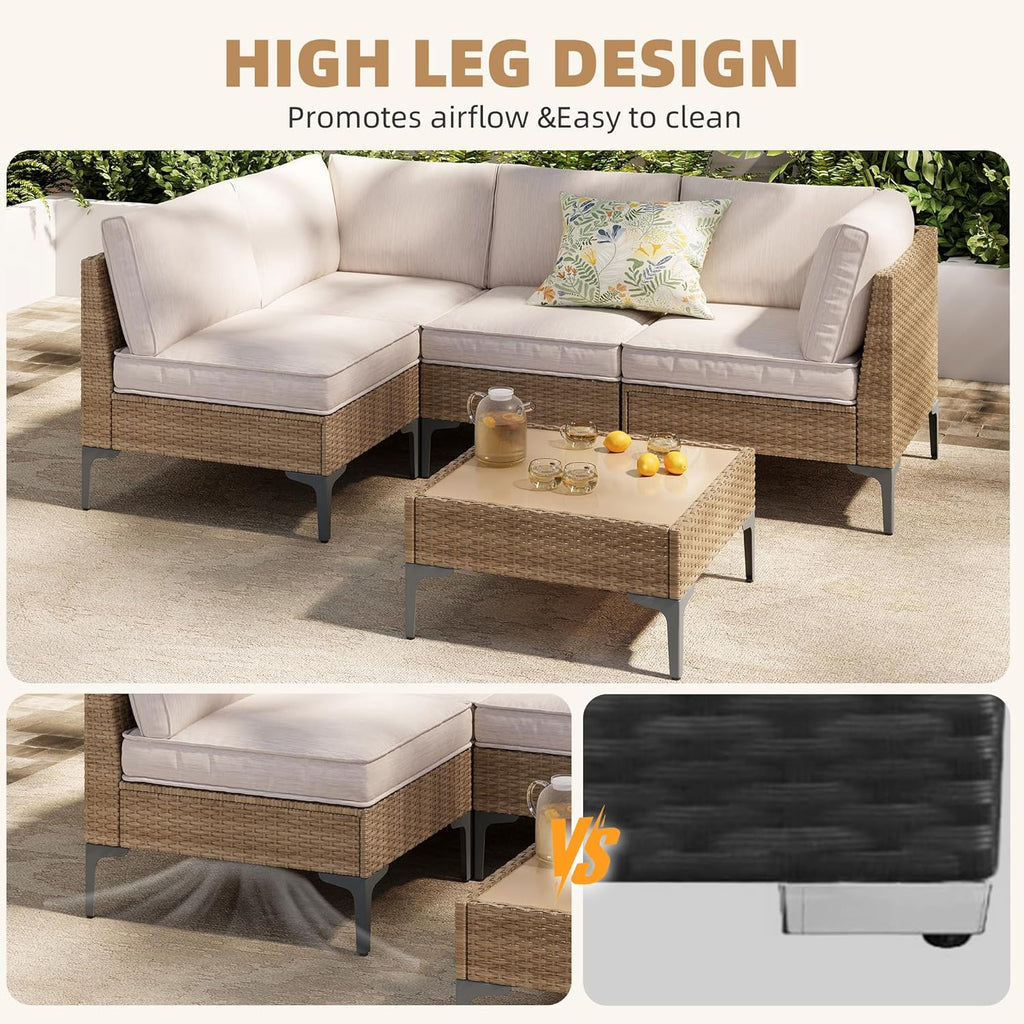 5-Piece Wicker Patio Furniture Set with Coffee Table & Thick Weatherproof Cushions, Beige