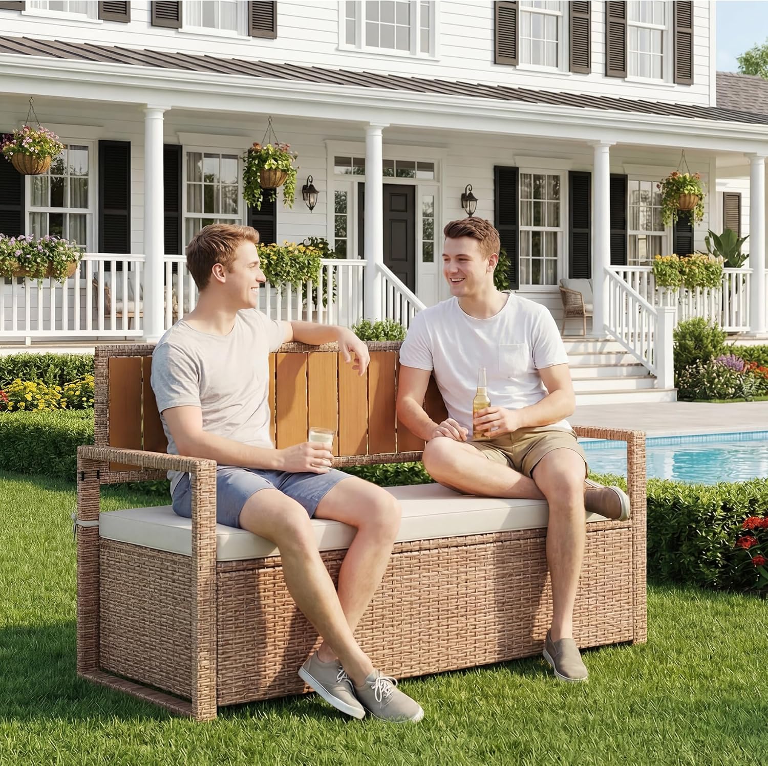 75 Gallon PE Rattan Outdoor Storage Bench, Weather Resistant Patio Deck Box with Cushion