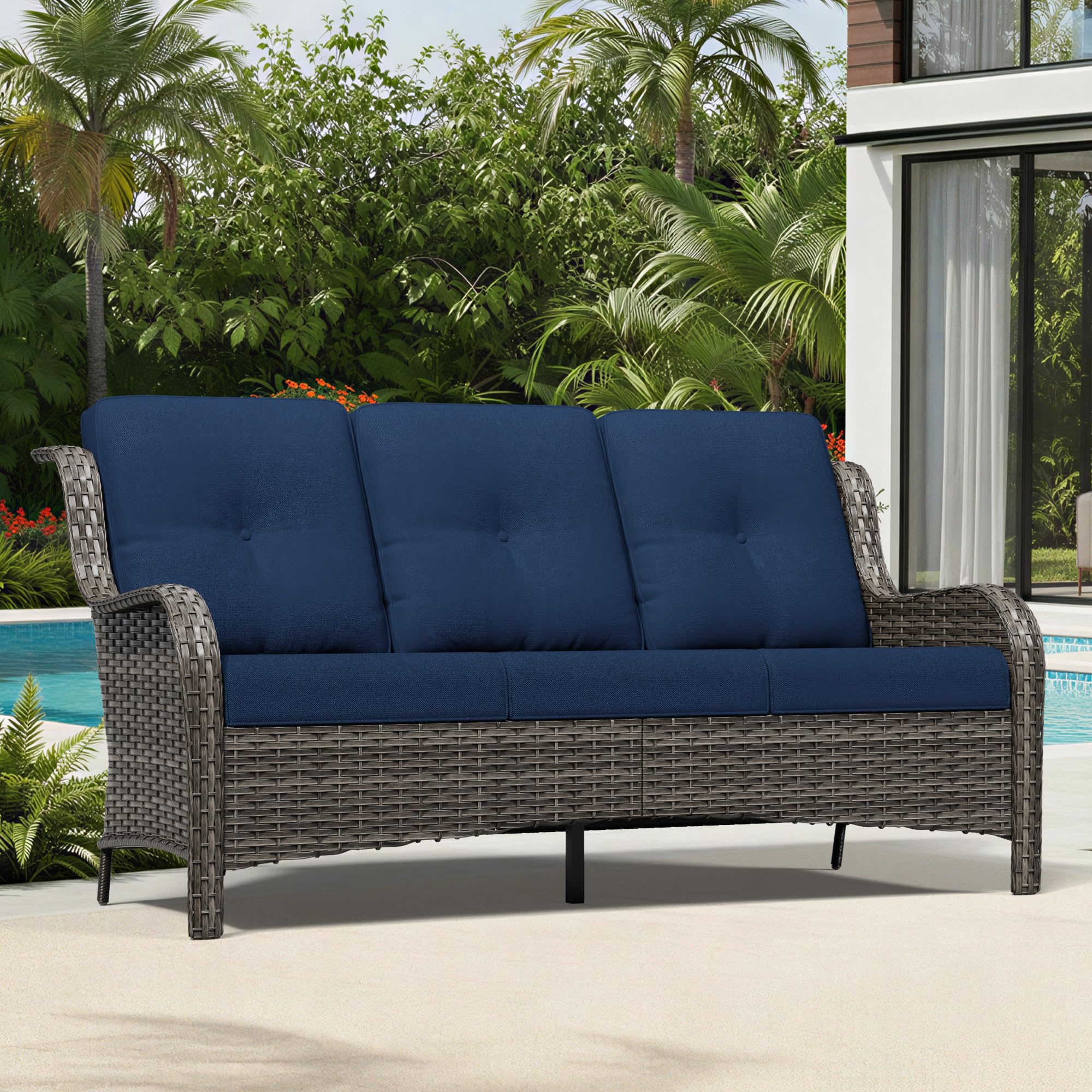 Joyside Outdoor Patio Couch, 3 Seater Outdoor Wicker Sofa with High Back, Deep Seating, Wide Armrest, Thickened Cushions, Patio Sofa for Deck, Porch Use