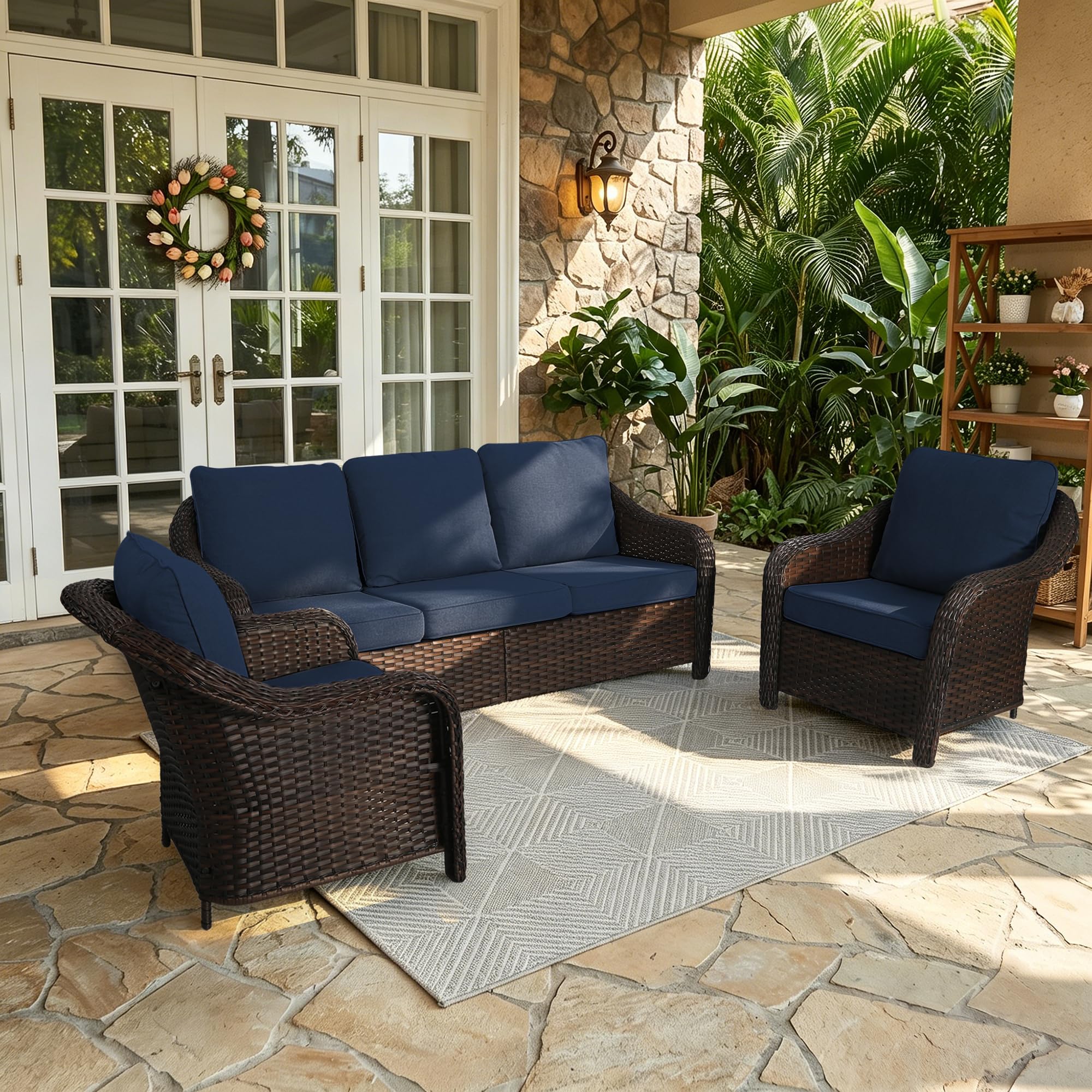 77 inch Outdoor Wicker 3 Seater Sofa, All-Weather Use Patio Rattan Sofa with Seat and Back Cushion, Ideal for Porch, Backyard, Balcony, Poolside, Beige