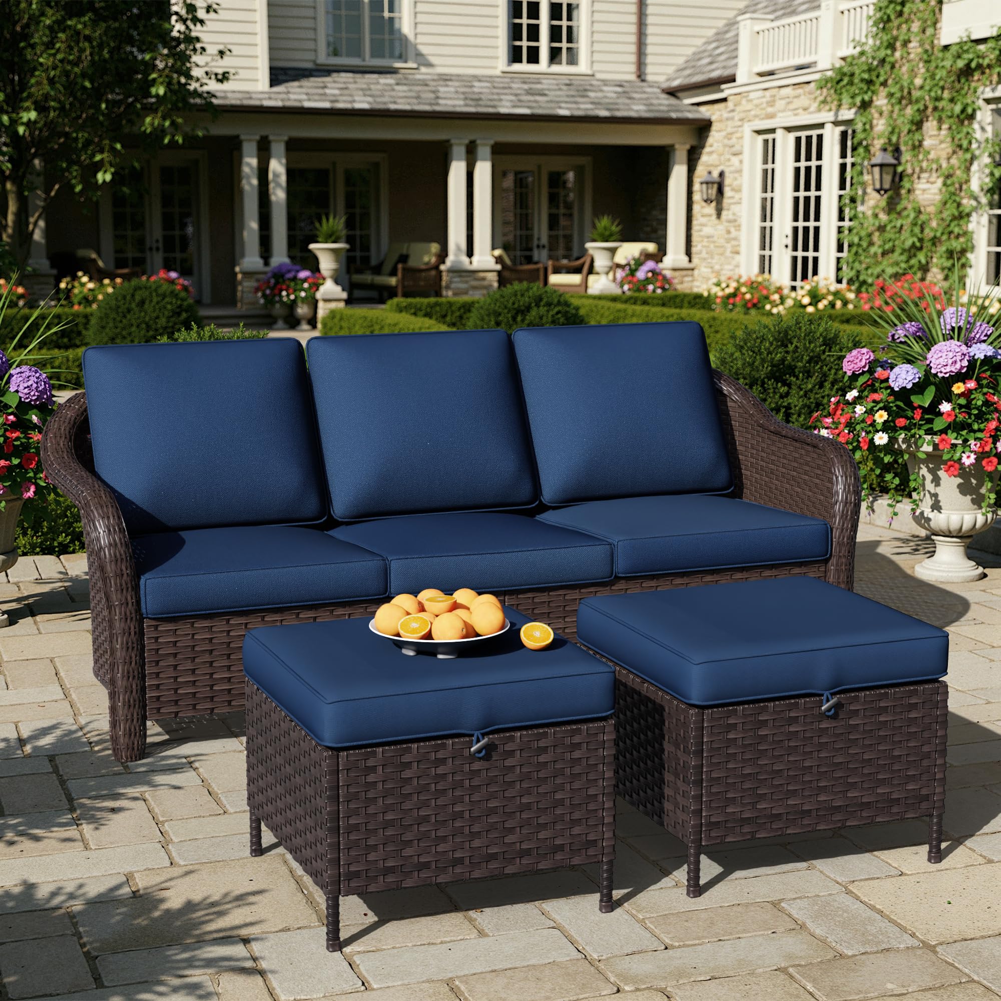 77 inch Outdoor Wicker 3 Seater Sofa, All-Weather Use Patio Rattan Sofa with Seat and Back Cushion, Ideal for Porch, Backyard, Balcony, Poolside, Beige