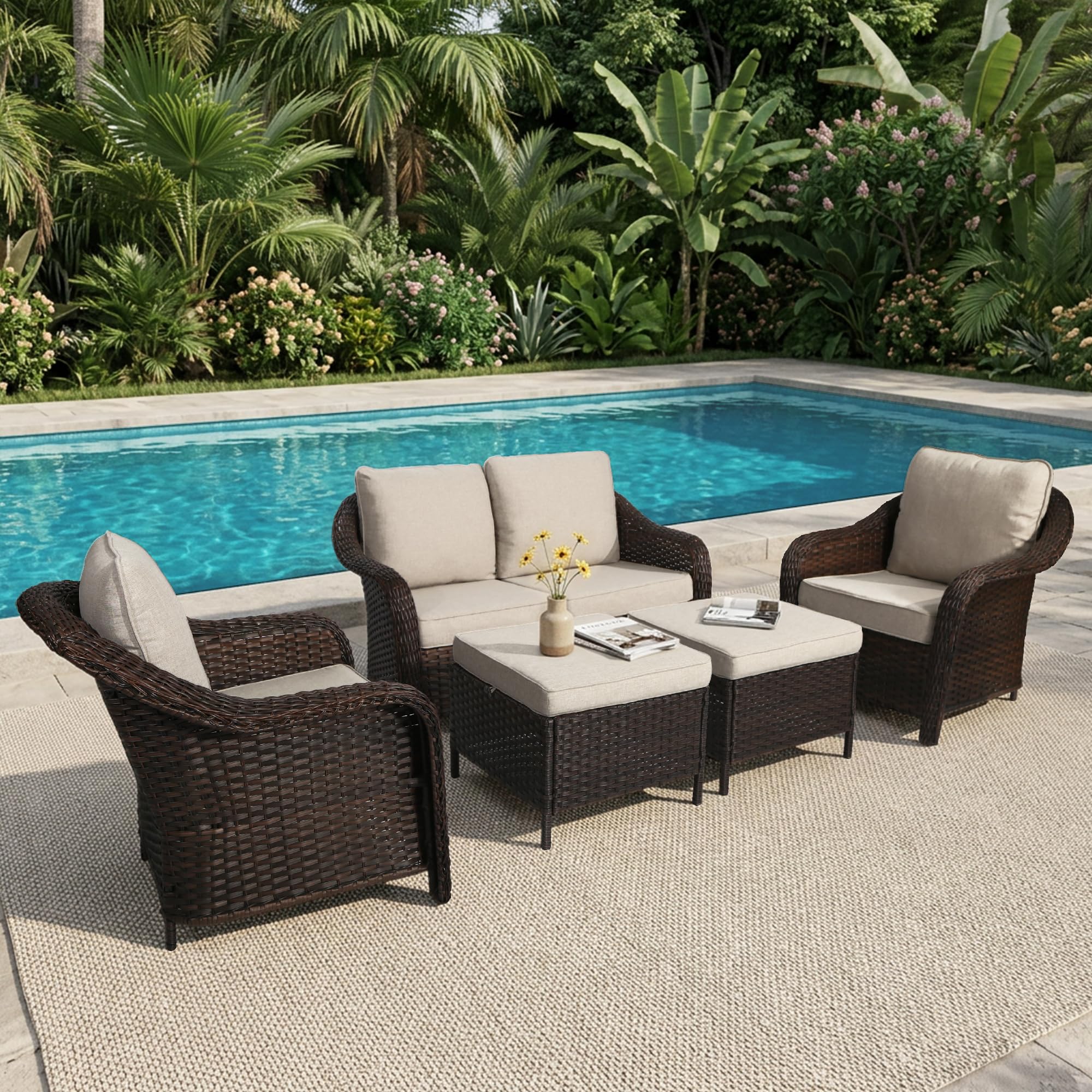 77 inch Outdoor Wicker 3 Seater Sofa, All-Weather Use Patio Rattan Sofa with Seat and Back Cushion, Ideal for Porch, Backyard, Balcony, Poolside, Beige