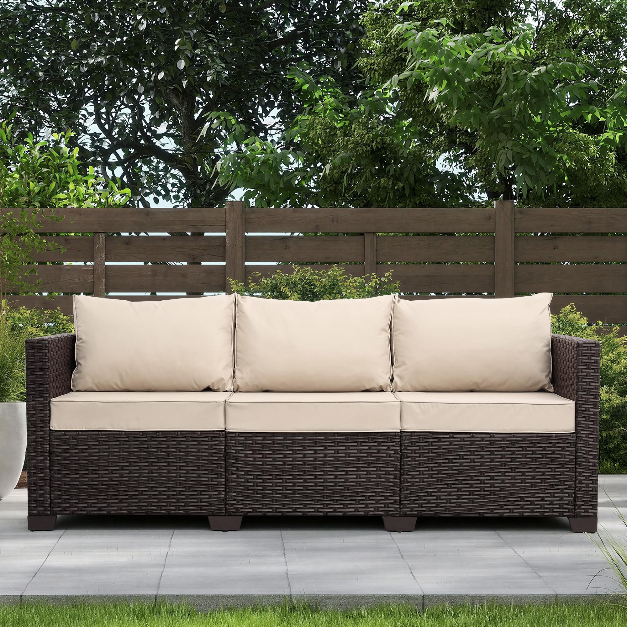Valita Patio Furniture 3-seat Sofa Brown Wicker Outdoor Furniture Outdoor Couch Deep Seat High Backrest Waterproof Cover Anti-Slip Washable Cushions, Navy Blue