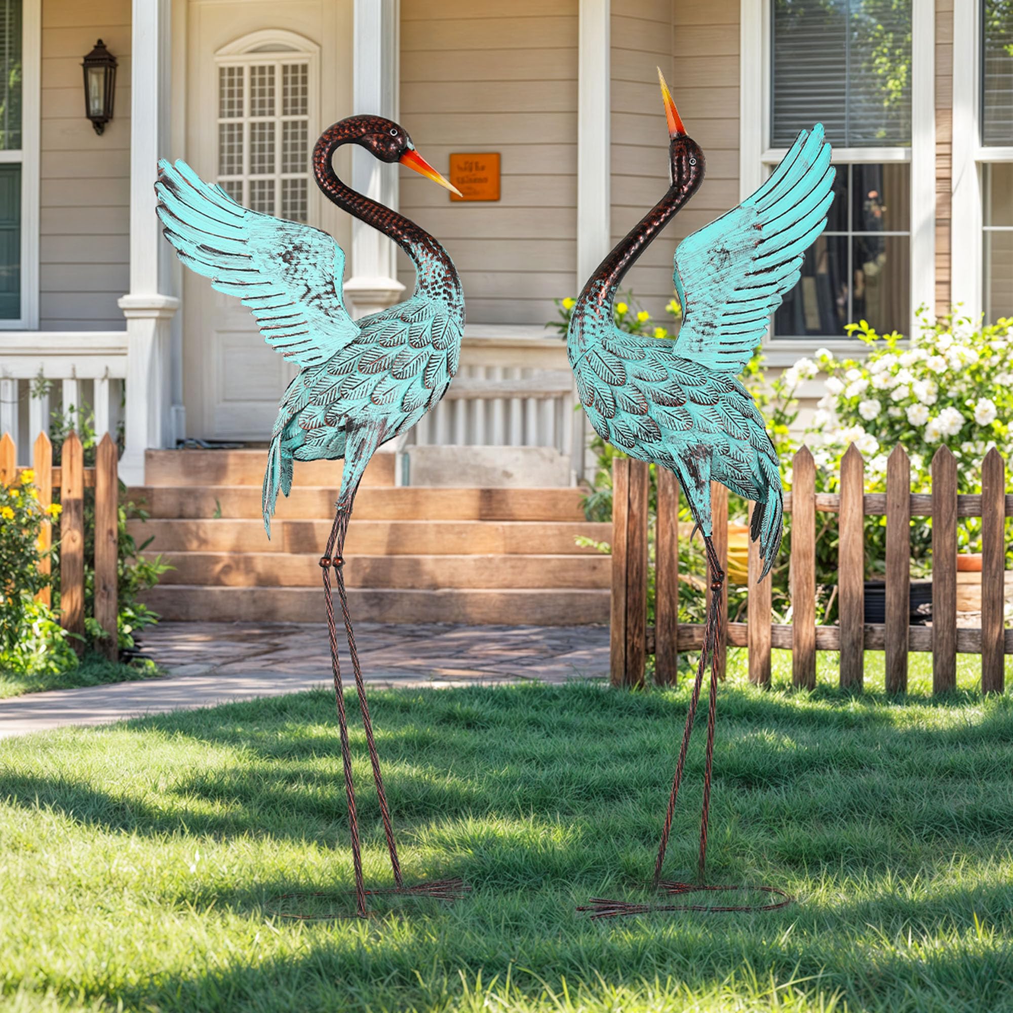 36.8" Extra-Large Blue Heron Decor, Handcrafted Metal Crane Statue with Stable U-Ground Stakes, Backyard Decoration, Metal Garden Bird Animal Yard Art, Lawn Ornament Decor