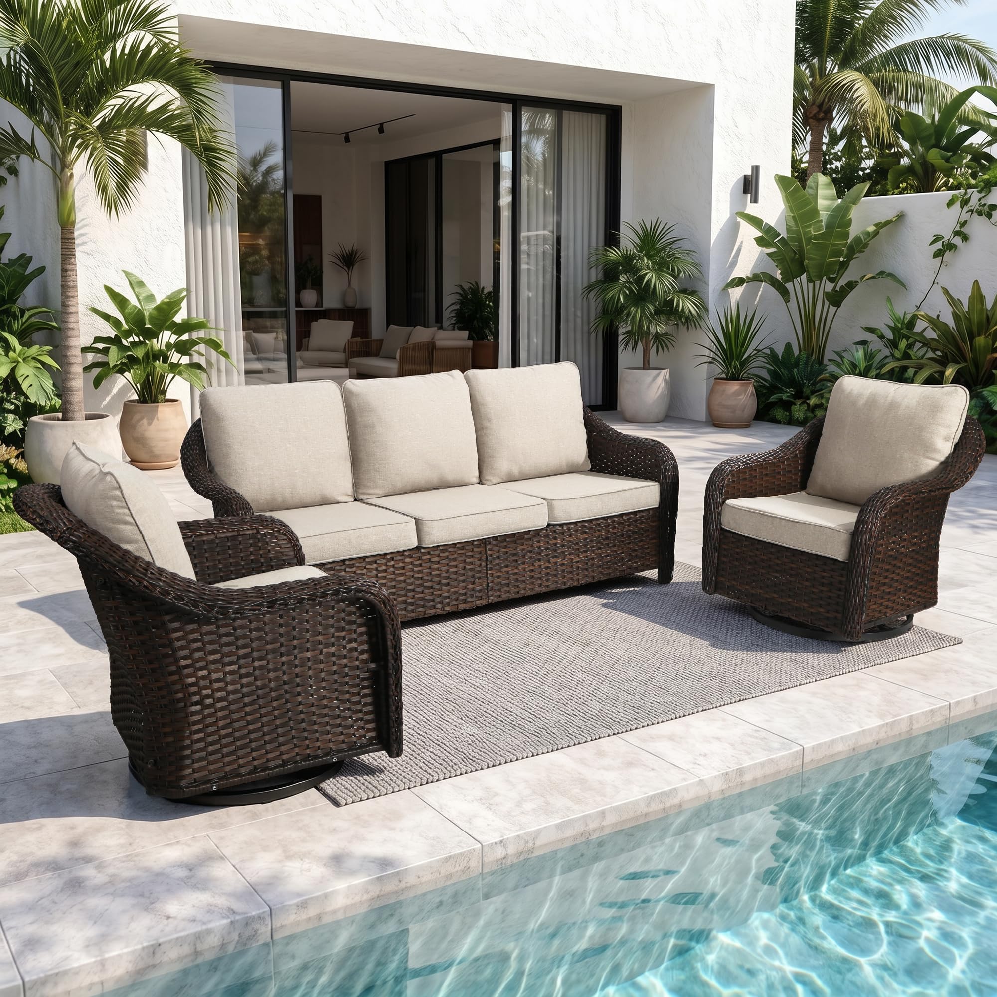 77 inch Outdoor Wicker 3 Seater Sofa, All-Weather Use Patio Rattan Sofa with Seat and Back Cushion, Ideal for Porch, Backyard, Balcony, Poolside, Beige