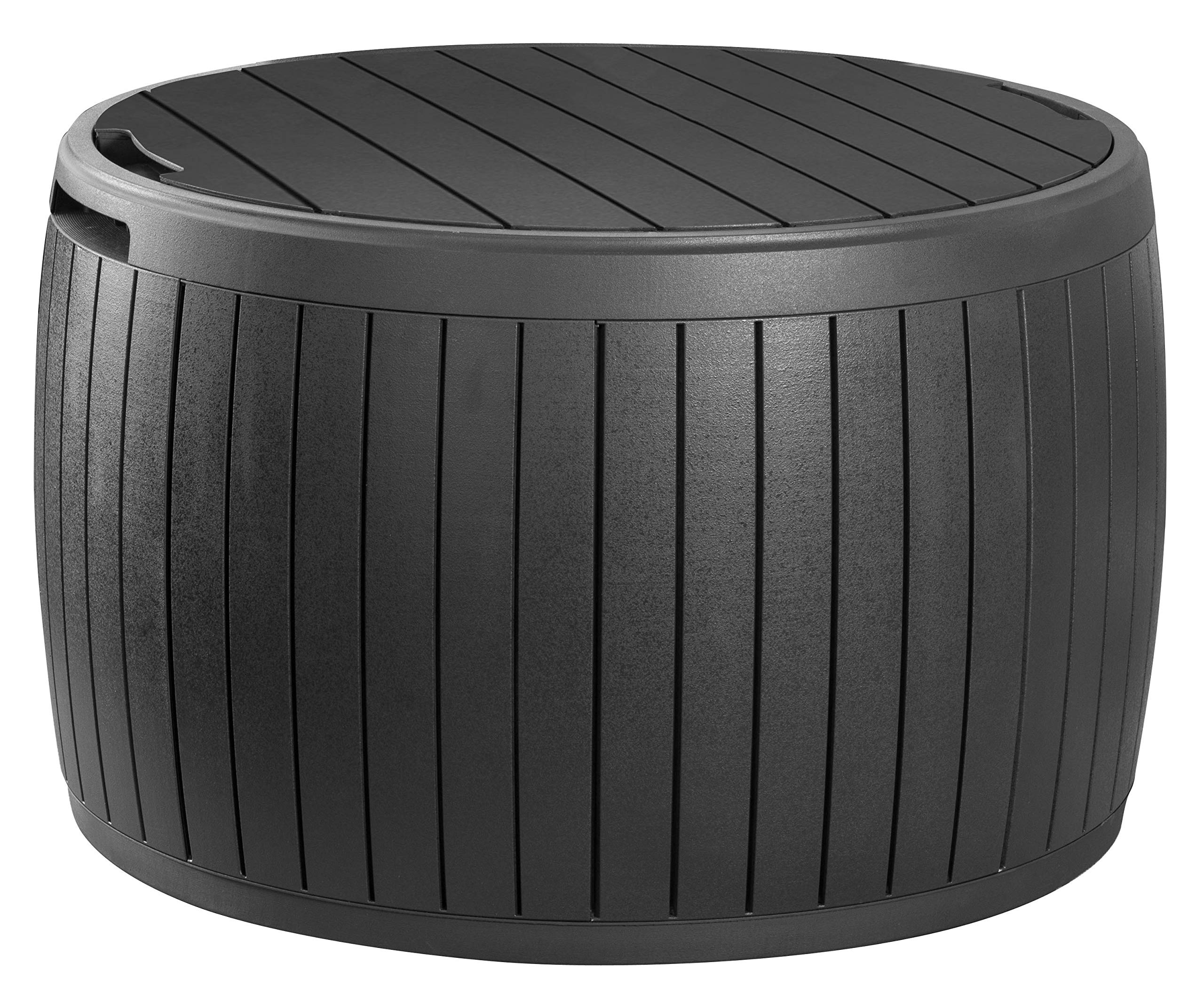 Keter Circa 37 Gallon Deck Box Organizer, Works as Ottoman Chair or Side Table, Brown – Large Resin Round Outdoor Storage and Seating for Garden, Pool, and Patio