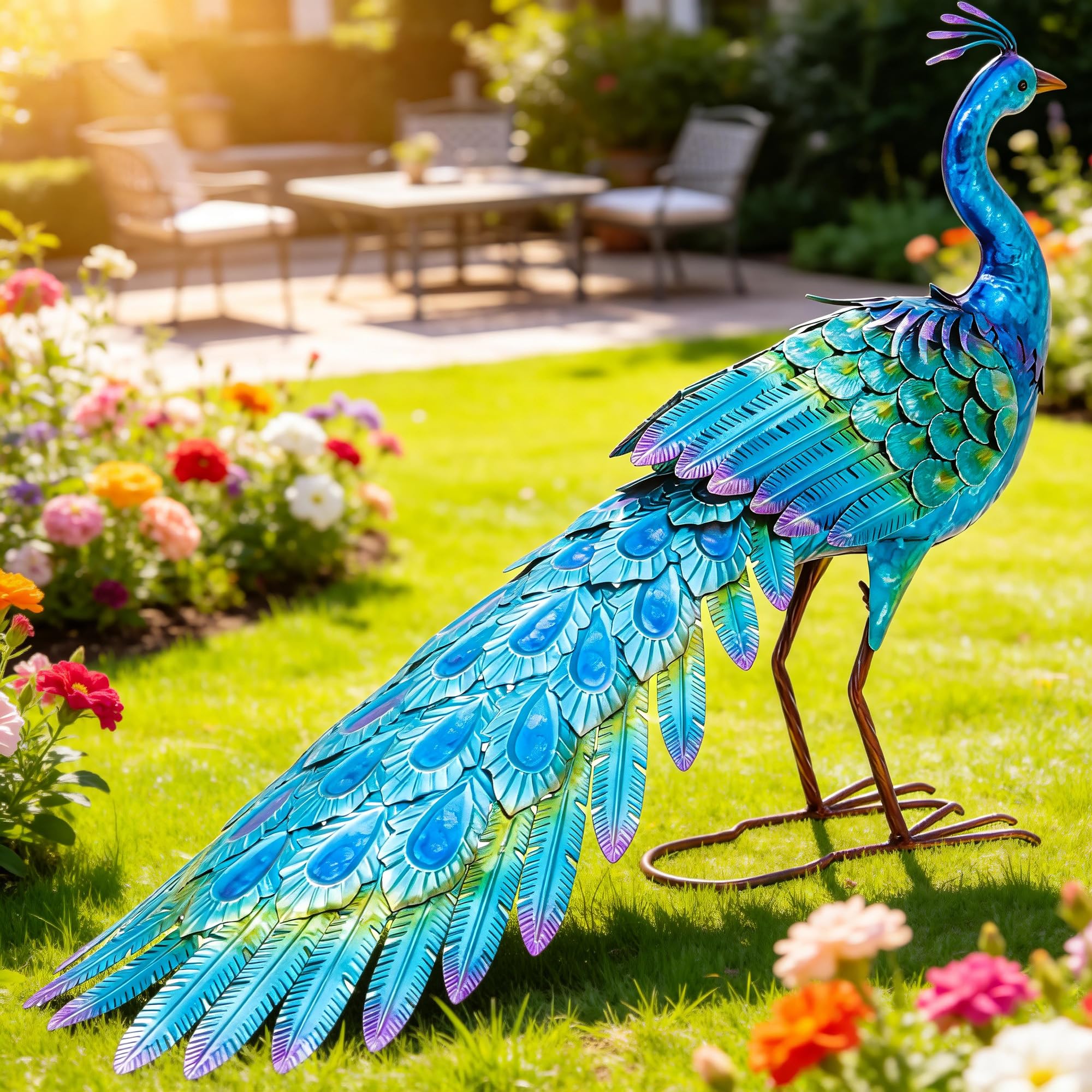 45.3" Tall Extra Large Metal Crane Decor, Handcrafted Distressed Bronze Heron Sculpture with 4-Piece Secure Ground Stakes, Vintage Charm Outdoor Garden Statue Yard Art for Patio & Backyard Decor