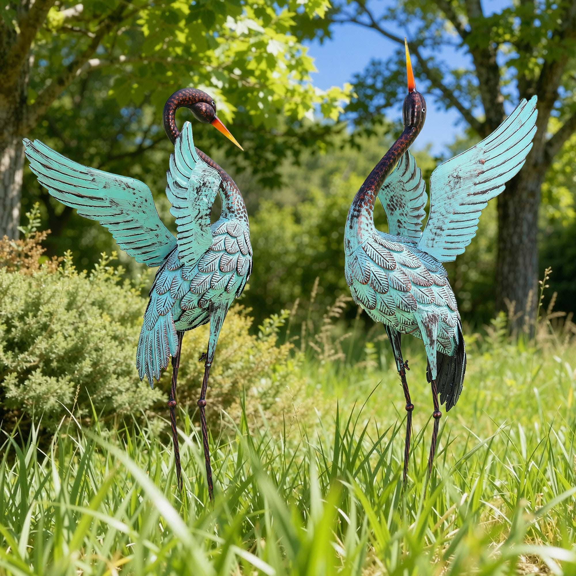 45.3" Tall Extra Large Metal Crane Decor, Handcrafted Distressed Bronze Heron Sculpture with 4-Piece Secure Ground Stakes, Vintage Charm Outdoor Garden Statue Yard Art for Patio & Backyard Decor