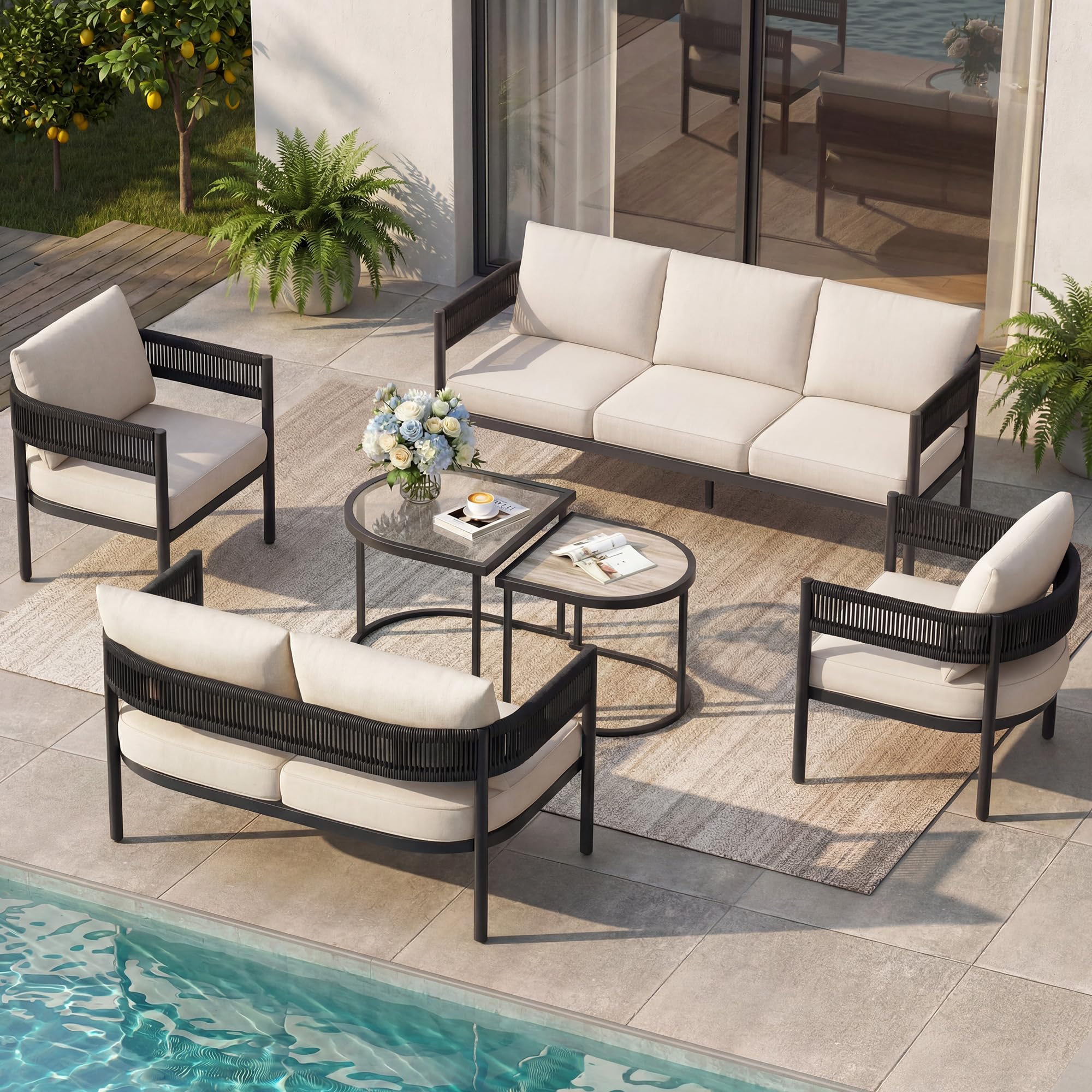 Gand Patio Outdoor 3-Seat Couch Sofa, Wicker Conversation Set with Thick Cushion for Porch, Garden, Yard, Natural
