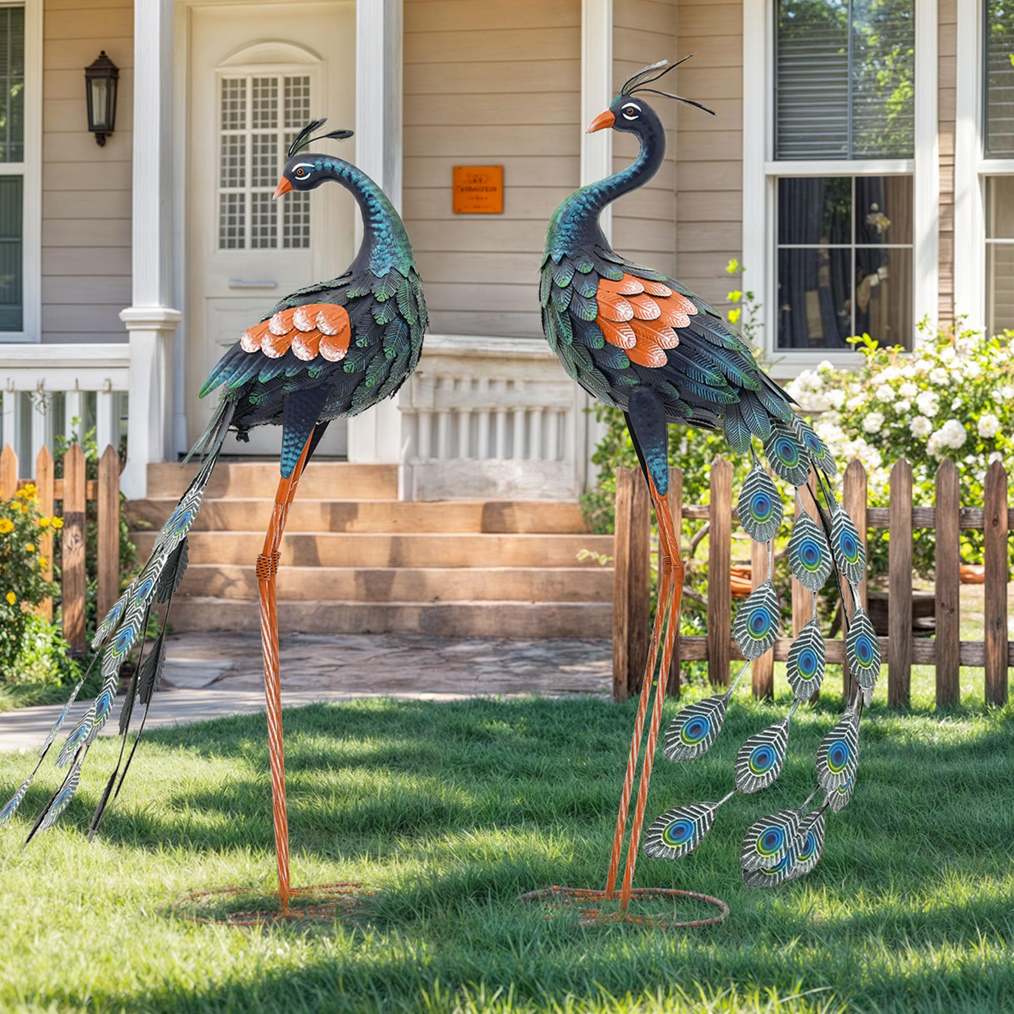 36.8" Extra-Large Blue Heron Decor, Handcrafted Metal Crane Statue with Stable U-Ground Stakes, Backyard Decoration, Metal Garden Bird Animal Yard Art, Lawn Ornament Decor
