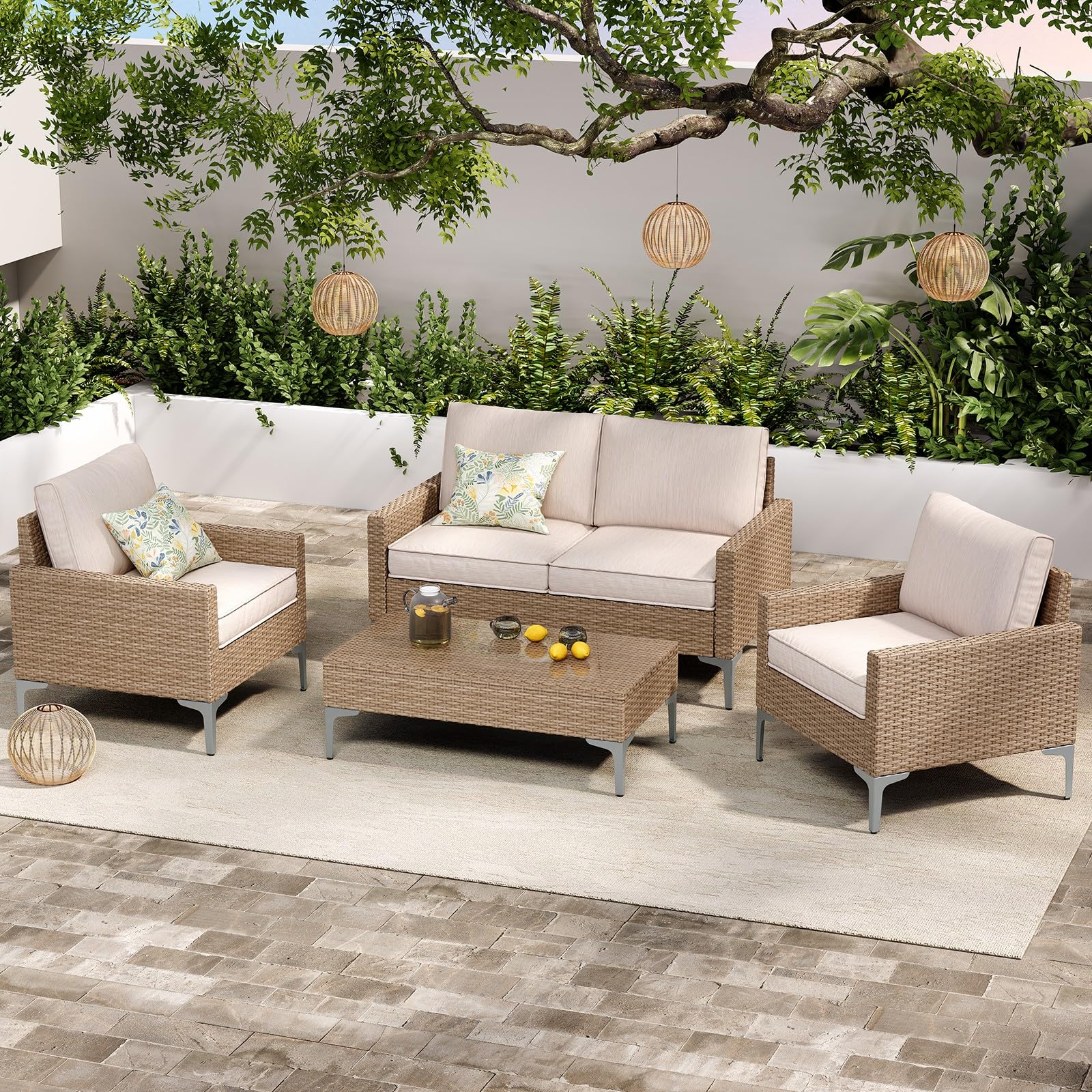 5-Piece Wicker Patio Furniture Set with Coffee Table & Thick Weatherproof Cushions, Beige