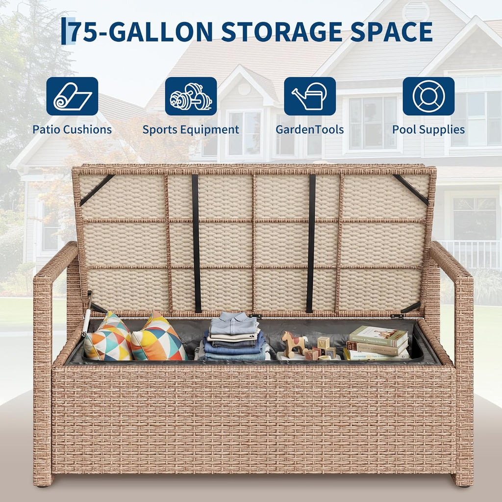 75 Gallon PE Rattan Outdoor Storage Bench, Weather Resistant Patio Deck Box with Cushion