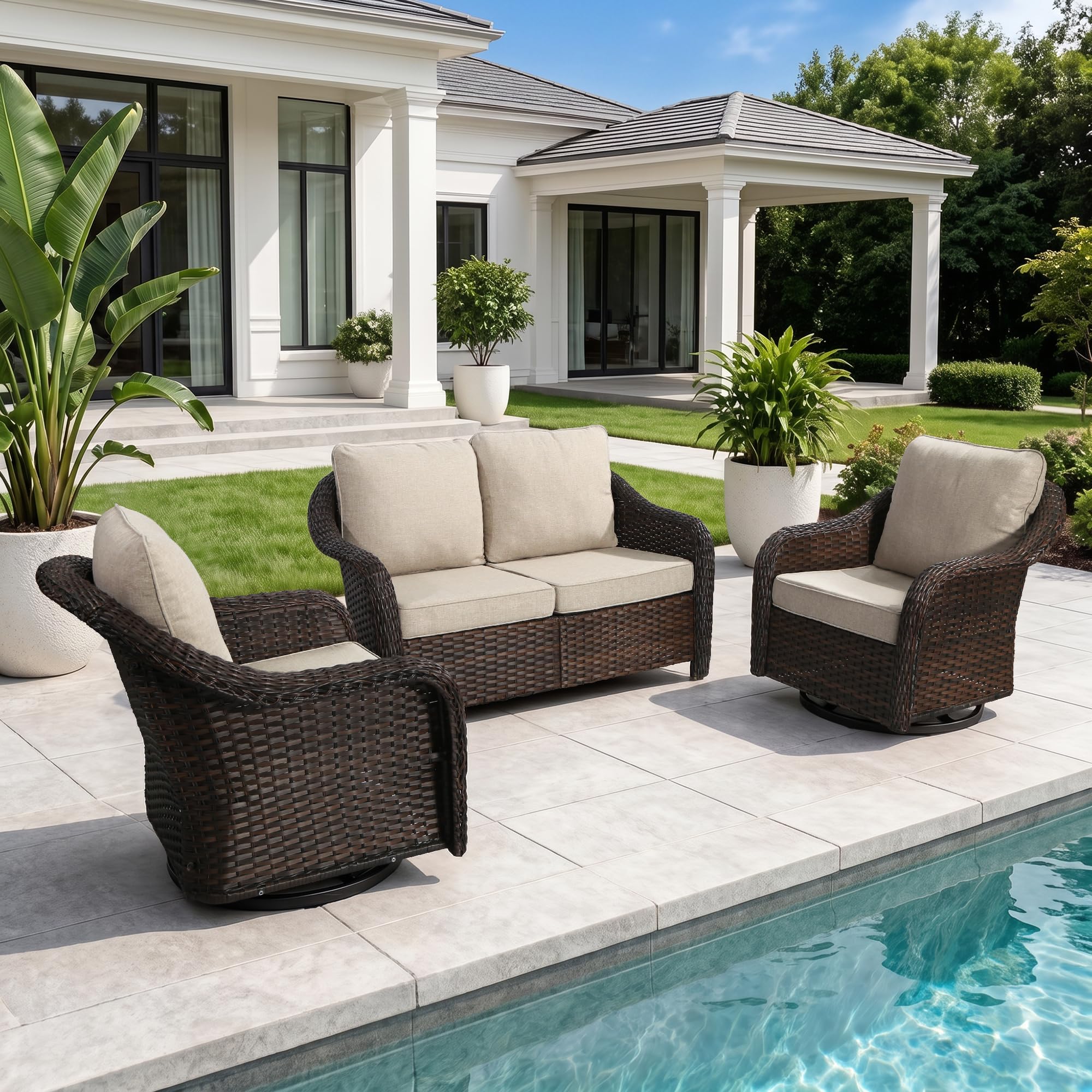 77 inch Outdoor Wicker 3 Seater Sofa, All-Weather Use Patio Rattan Sofa with Seat and Back Cushion, Ideal for Porch, Backyard, Balcony, Poolside, Beige