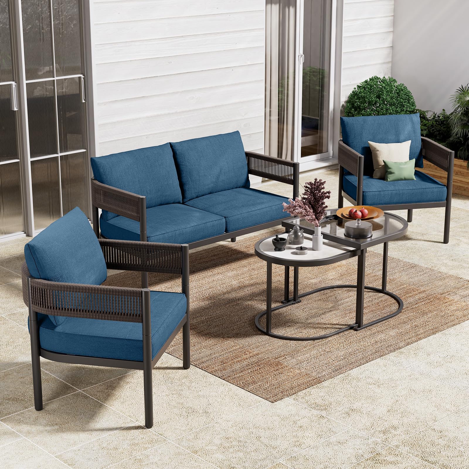 Gand Patio Outdoor 3-Seat Couch Sofa, Wicker Conversation Set with Thick Cushion for Porch, Garden, Yard, Natural