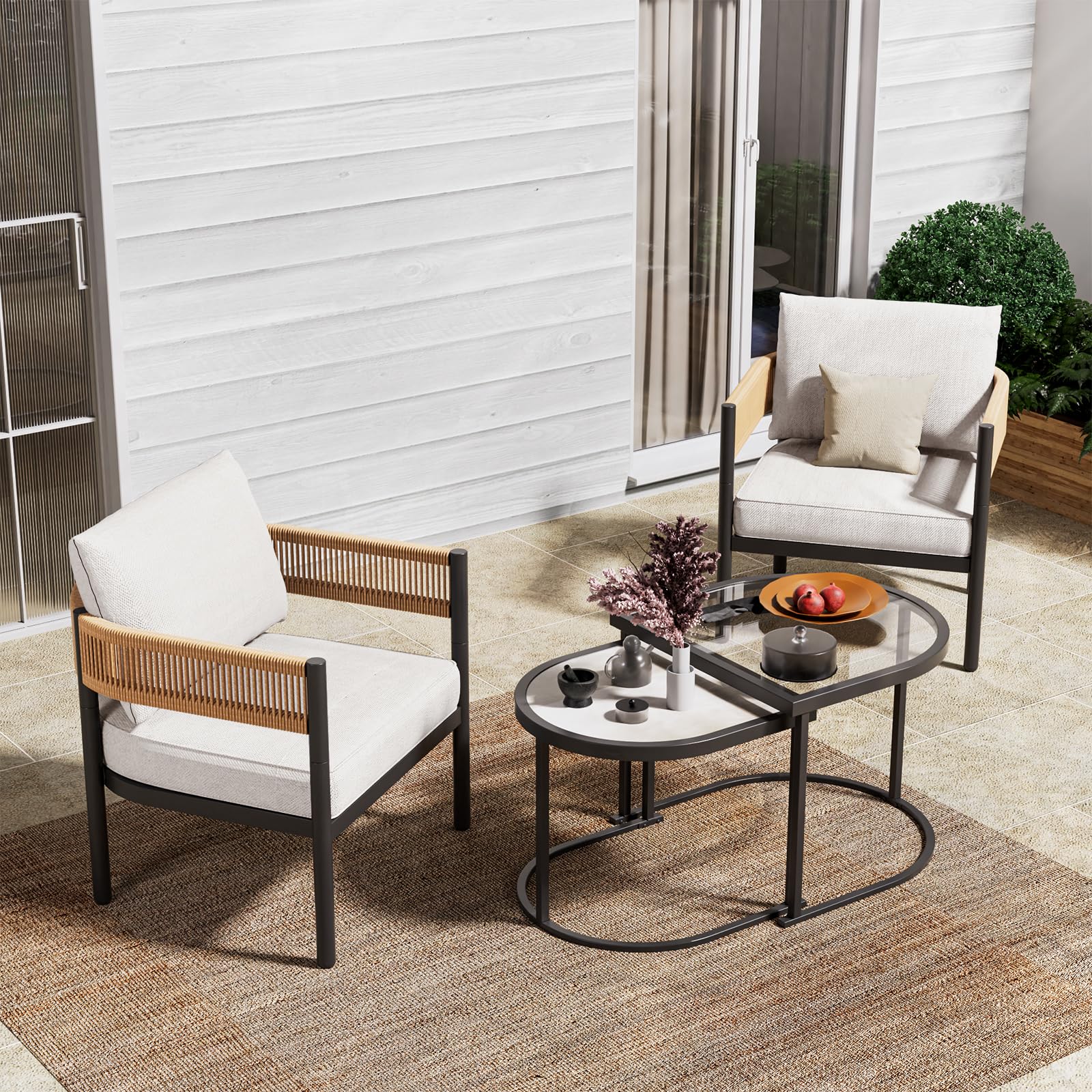 Gand Patio Outdoor 3-Seat Couch Sofa, Wicker Conversation Set with Thick Cushion for Porch, Garden, Yard, Natural