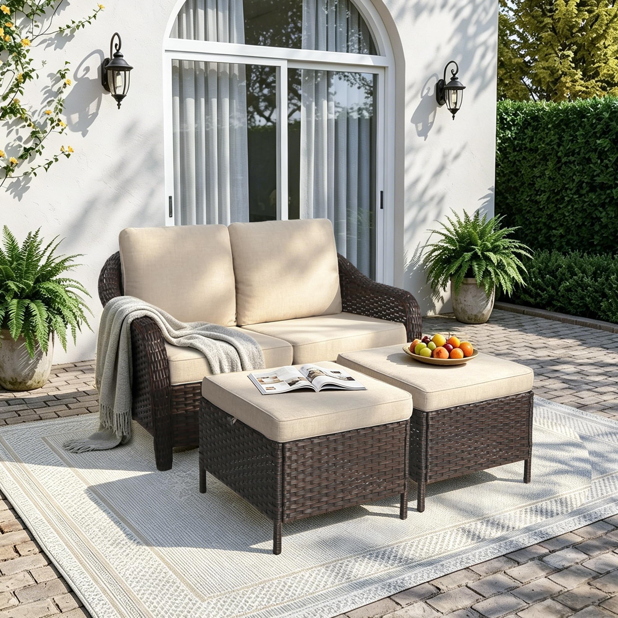 77 inch Outdoor Wicker 3 Seater Sofa, All-Weather Use Patio Rattan Sofa with Seat and Back Cushion, Ideal for Porch, Backyard, Balcony, Poolside, Beige