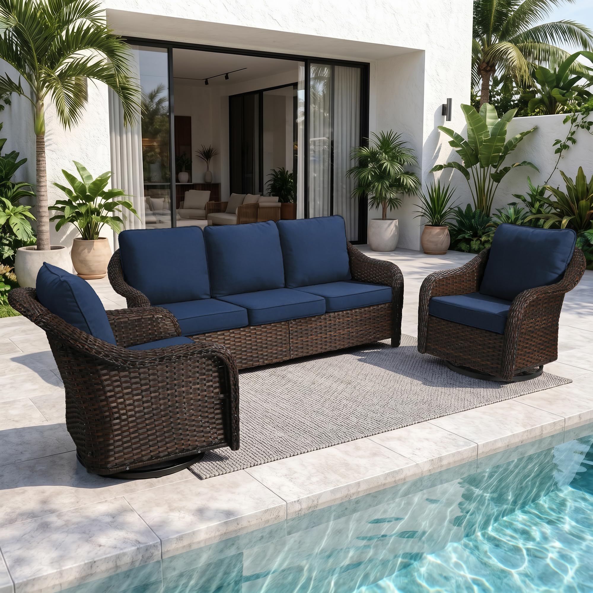 77 inch Outdoor Wicker 3 Seater Sofa, All-Weather Use Patio Rattan Sofa with Seat and Back Cushion, Ideal for Porch, Backyard, Balcony, Poolside, Beige