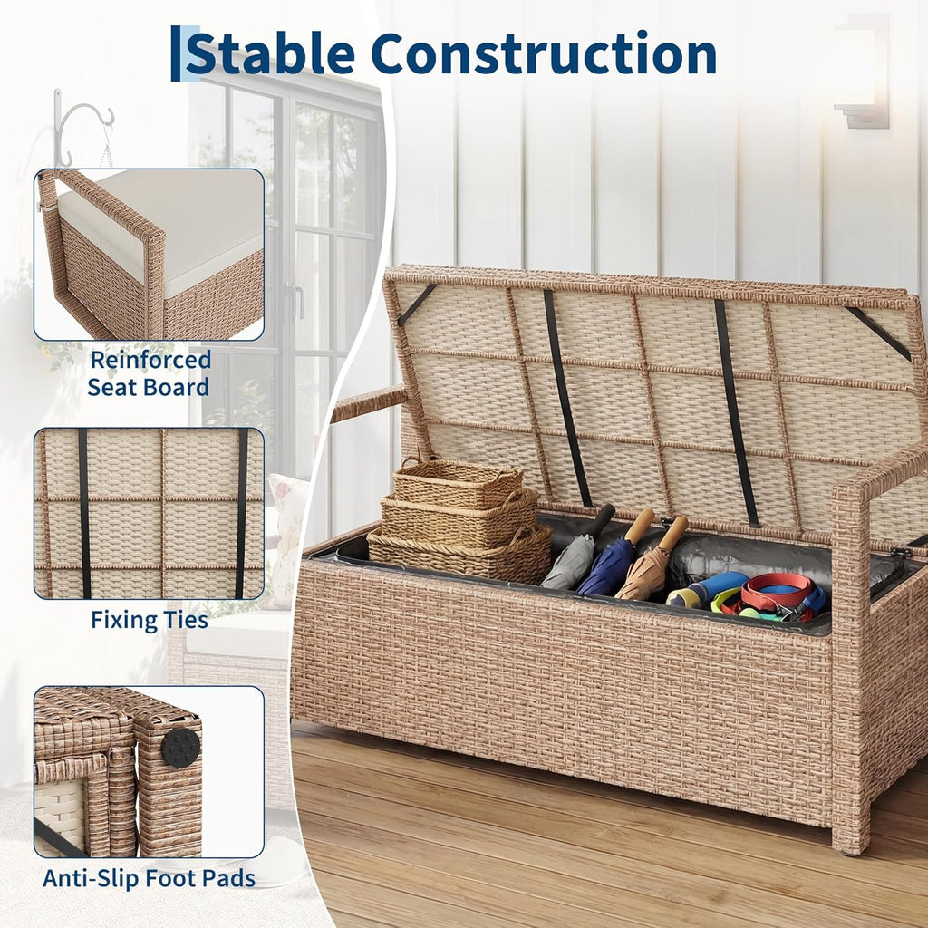 75 Gallon PE Rattan Outdoor Storage Bench, Weather Resistant Patio Deck Box with Cushion