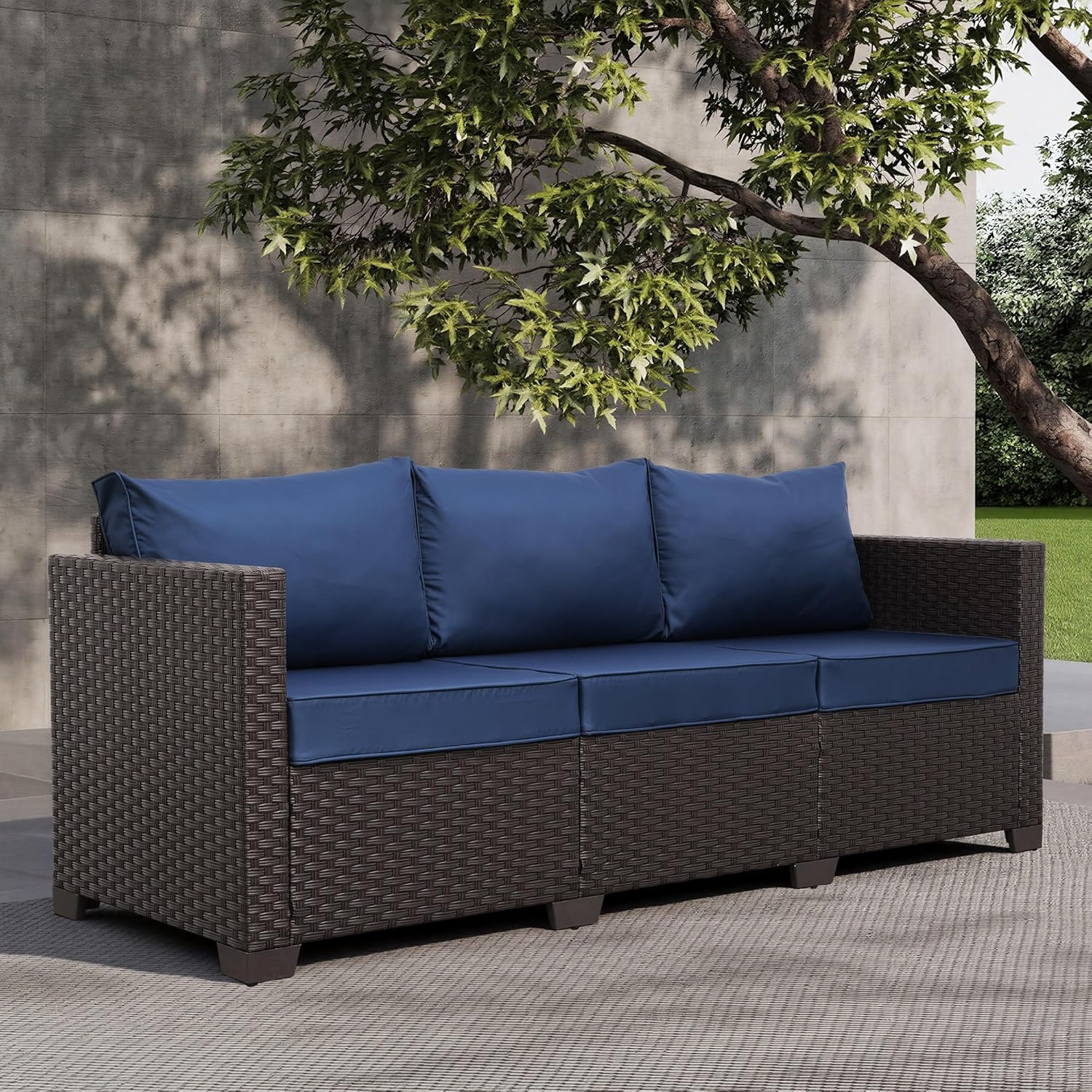 Valita Patio Furniture 3-seat Sofa Brown Wicker Outdoor Furniture Outdoor Couch Deep Seat High Backrest Waterproof Cover Anti-Slip Washable Cushions, Navy Blue