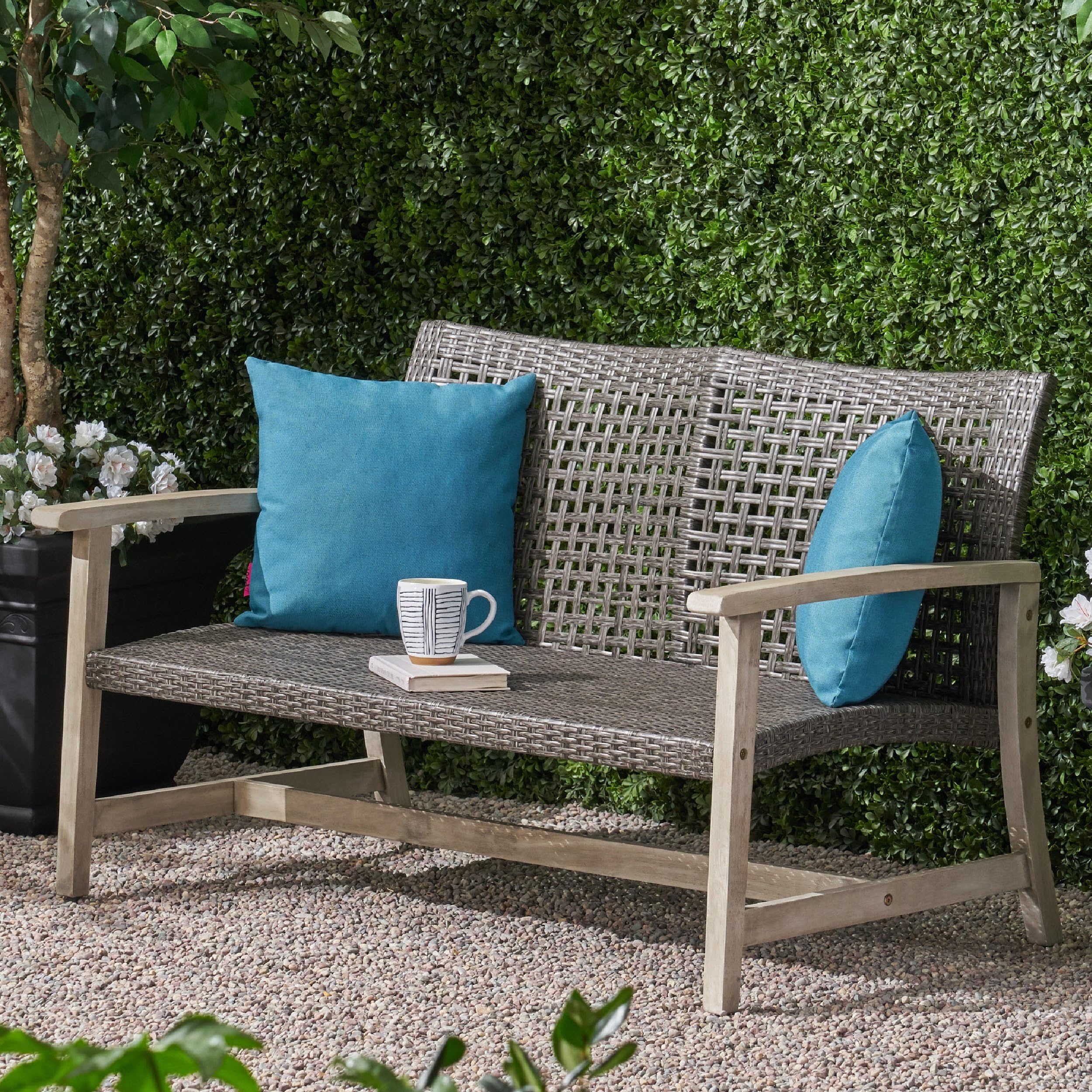 Merax Outdoor Patio Wicker Sofa, Small Casual Couch Loveseat with High Back & Armrest, Acacia Wooden Furniture for Backyard Garden, Waterr Resistant, Iron Seat Frame, Brown