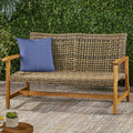 Merax Outdoor Patio Wicker Sofa, Small Casual Couch Loveseat with High Back & Armrest, Acacia Wooden Furniture for Backyard Garden, Waterr Resistant, Iron Seat Frame, Brown