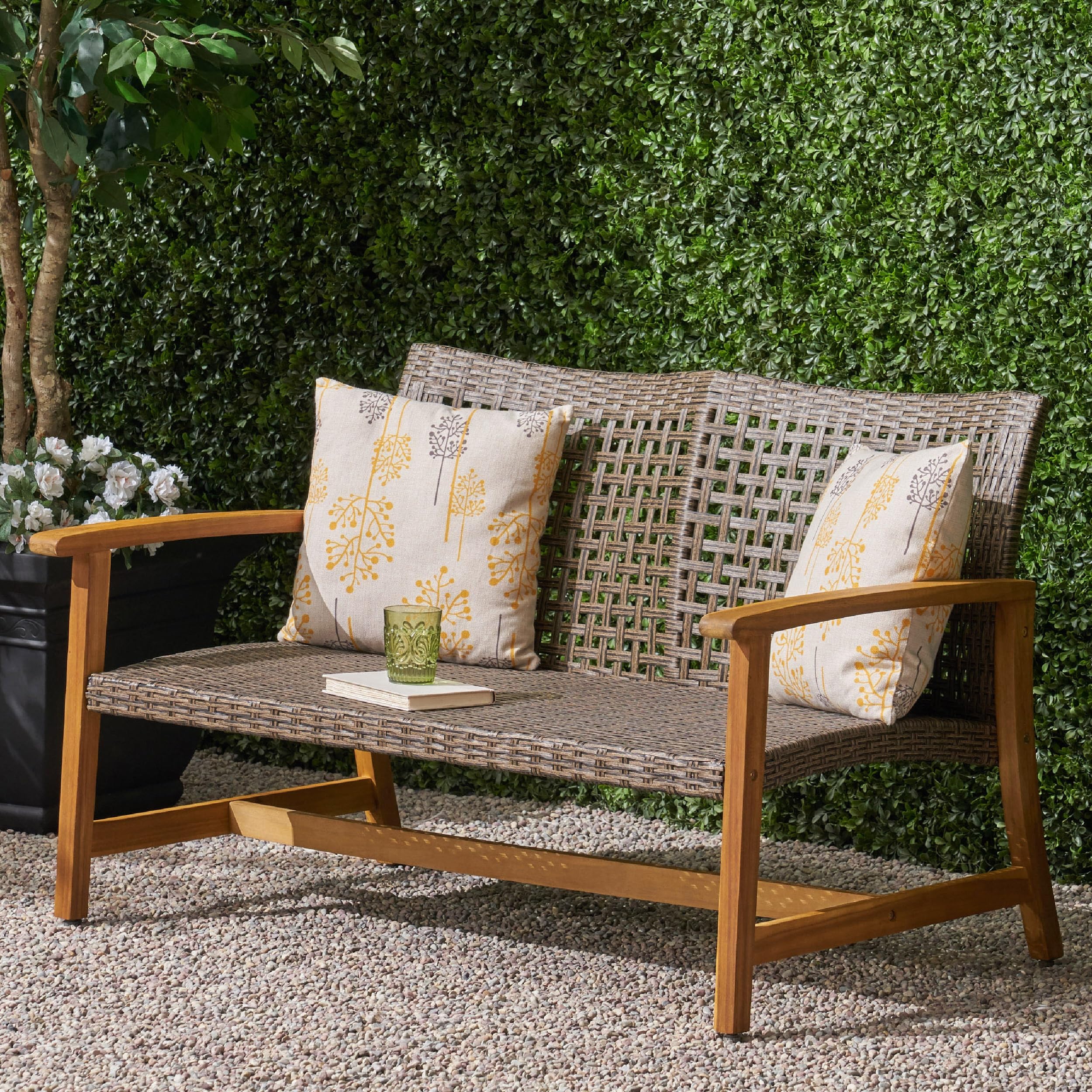Merax Outdoor Patio Wicker Sofa, Small Casual Couch Loveseat with High Back & Armrest, Acacia Wooden Furniture for Backyard Garden, Waterr Resistant, Iron Seat Frame, Brown